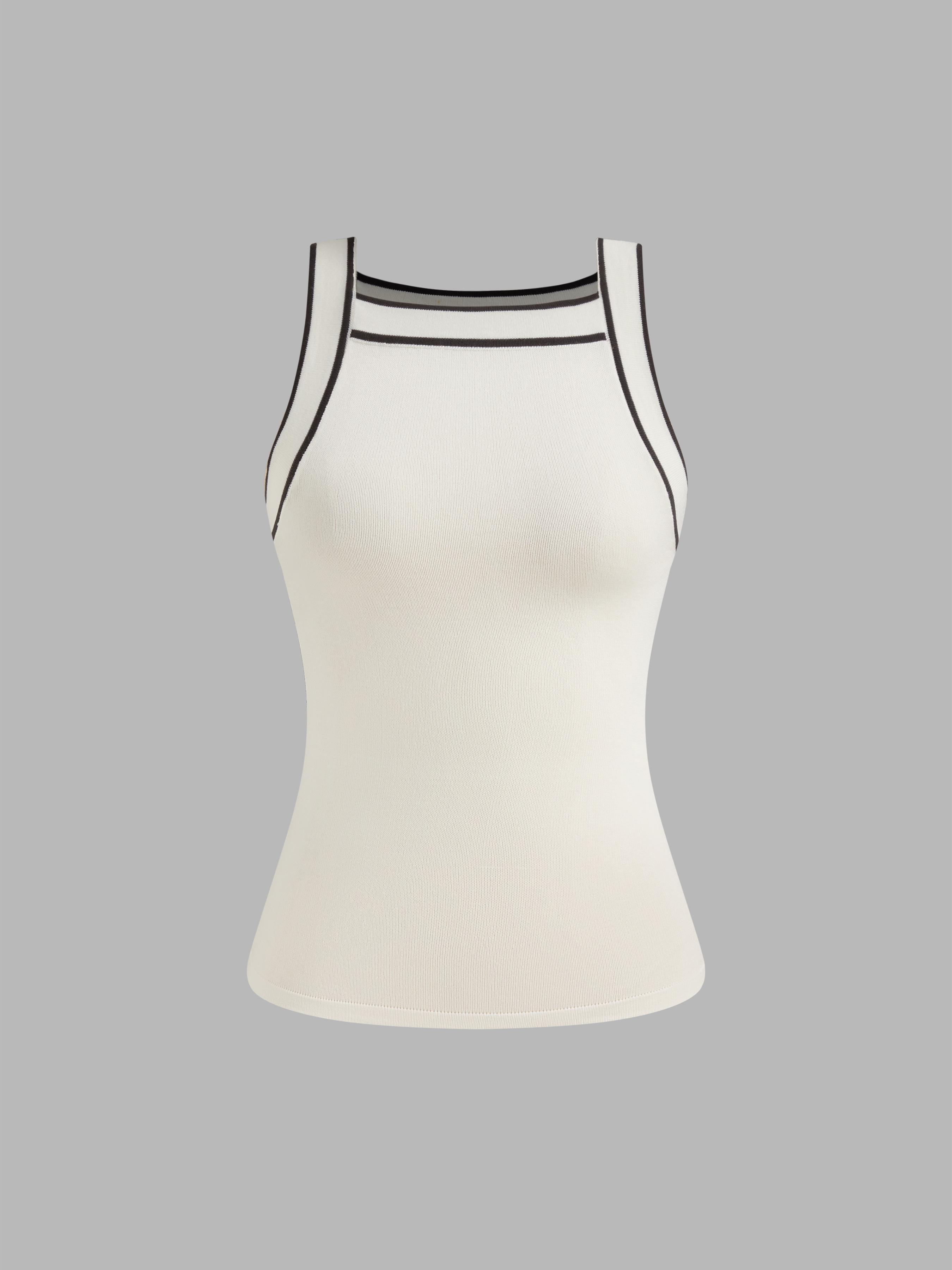 Knit Boat Neck Solid Contrasting Binding Tank Top by CIDER