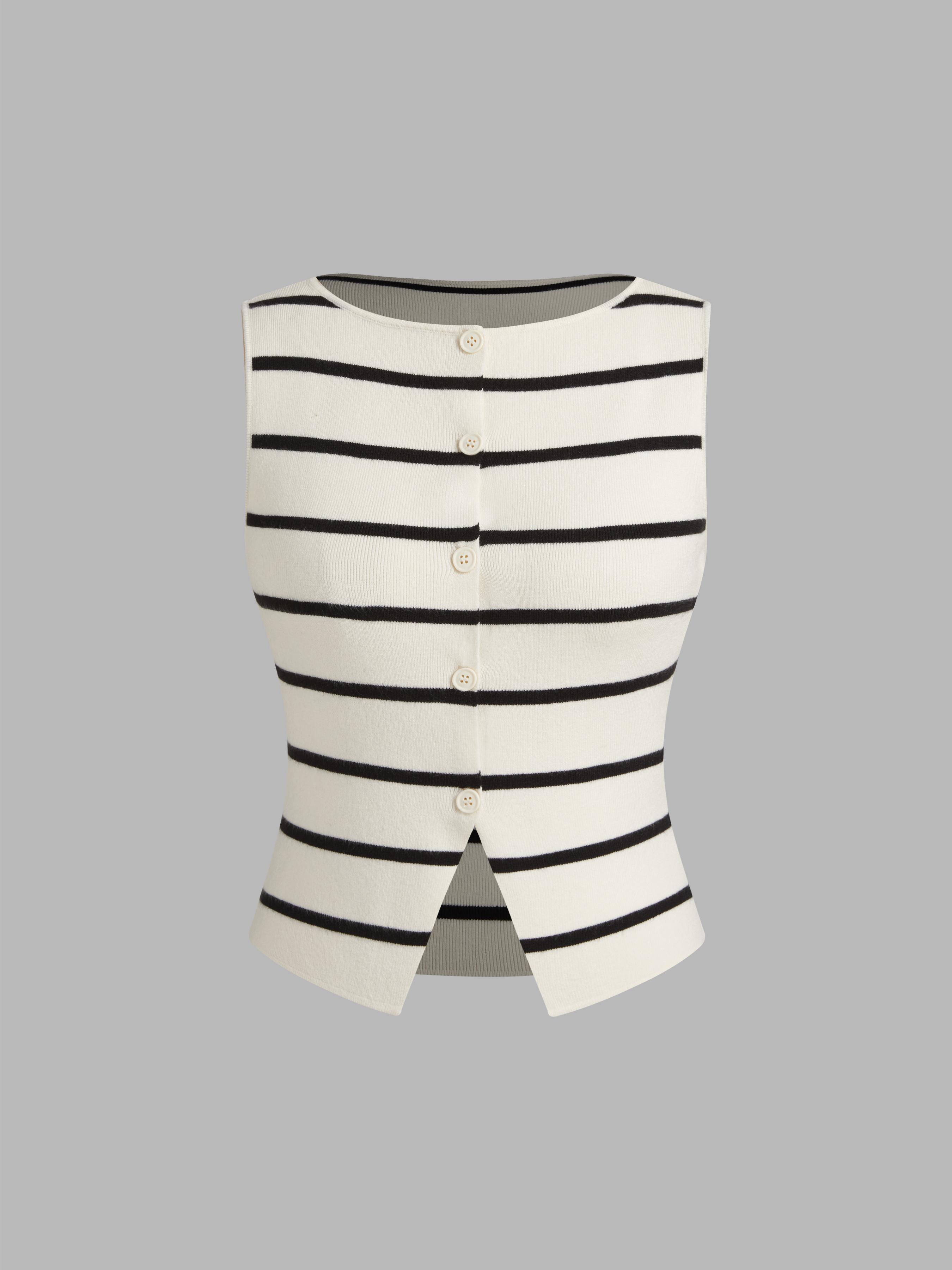 Knit Boat Neck Striped Button Split Vest by CIDER