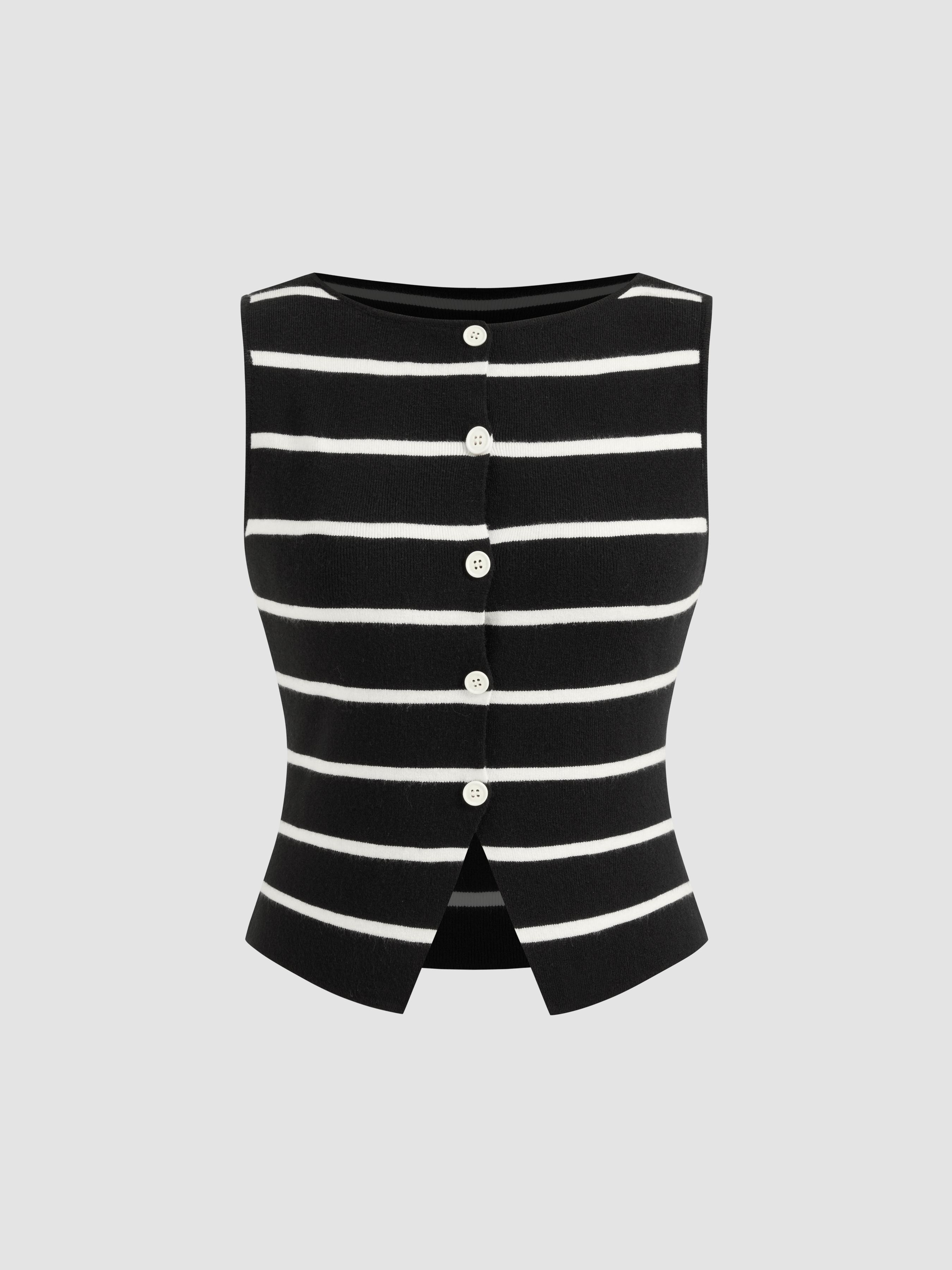Knit Boat Neck Striped Button Split Vest by CIDER