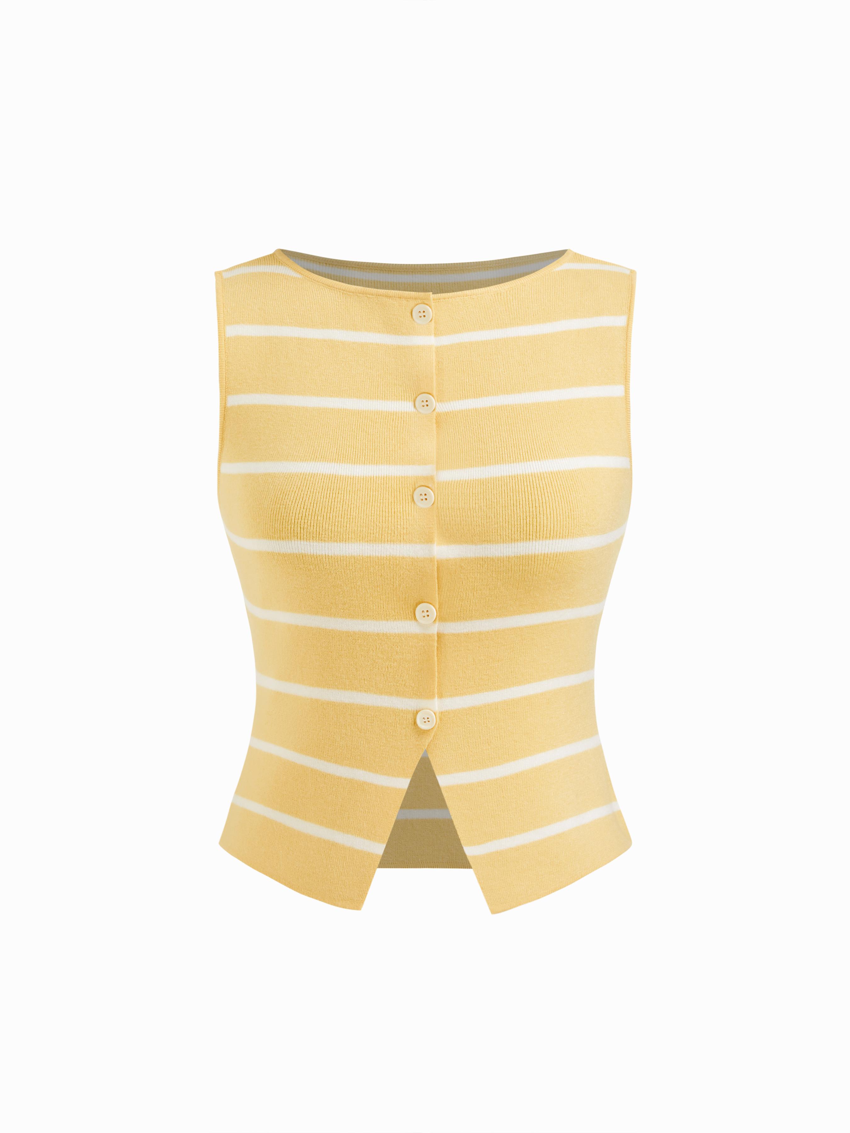Knit Boat Neck Striped Button Split Vest by CIDER