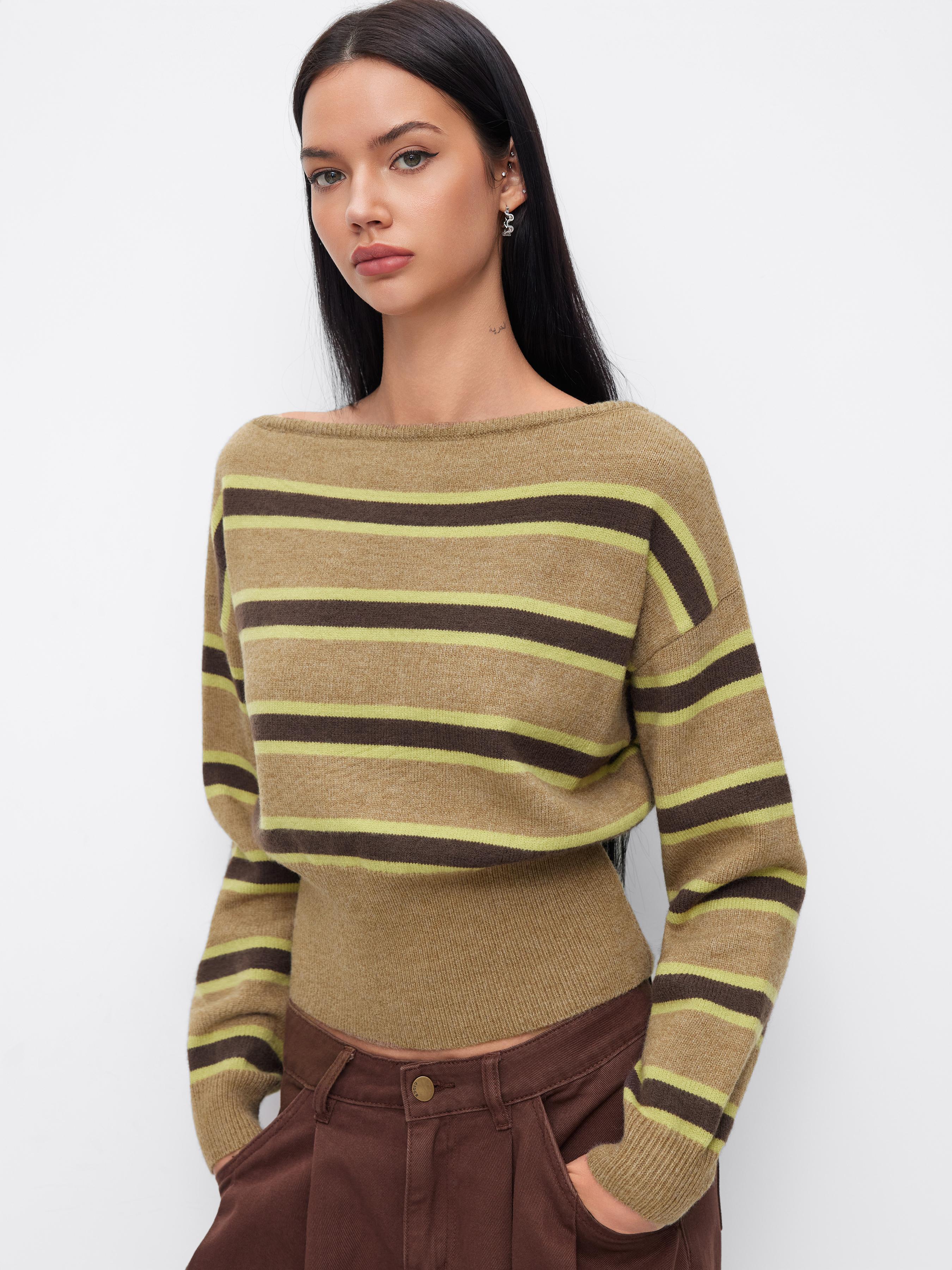 Knit Boat Neck Striped Long Sleeve Top by CIDER