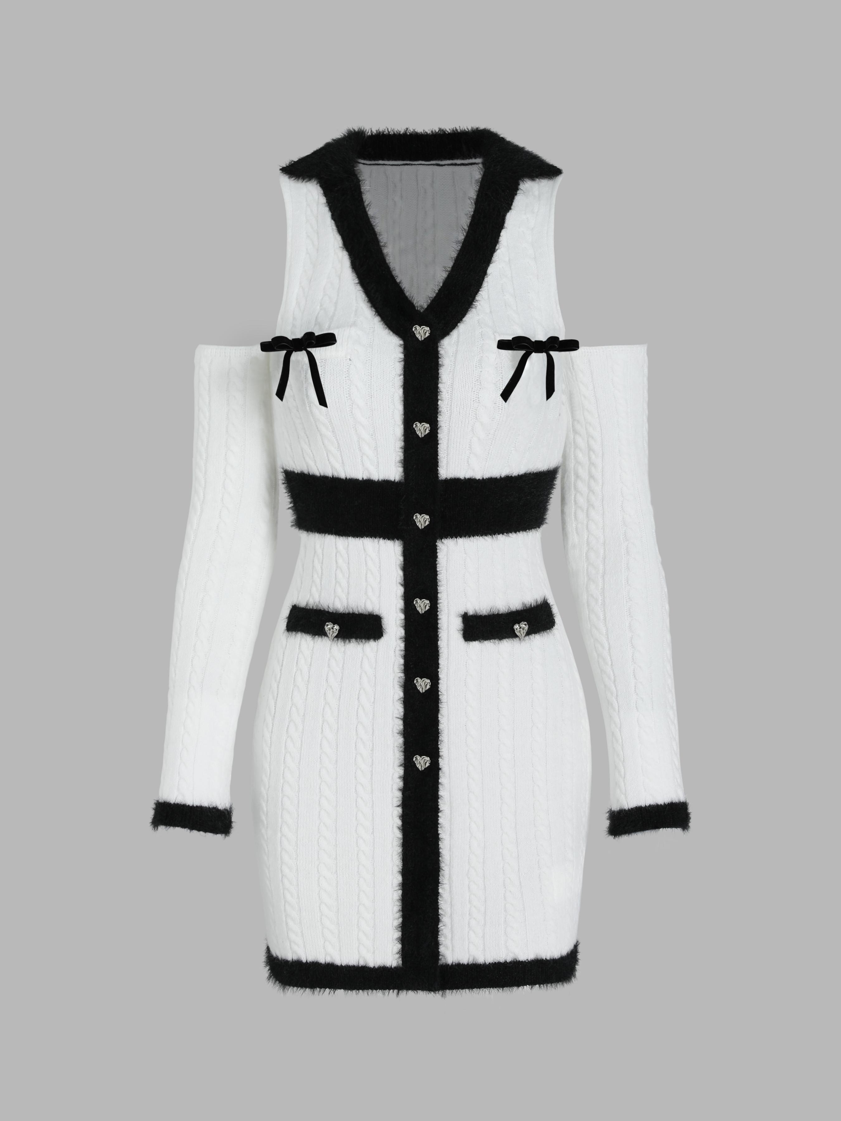 Knit Bowknot V-neck Mini Dress by CIDER
