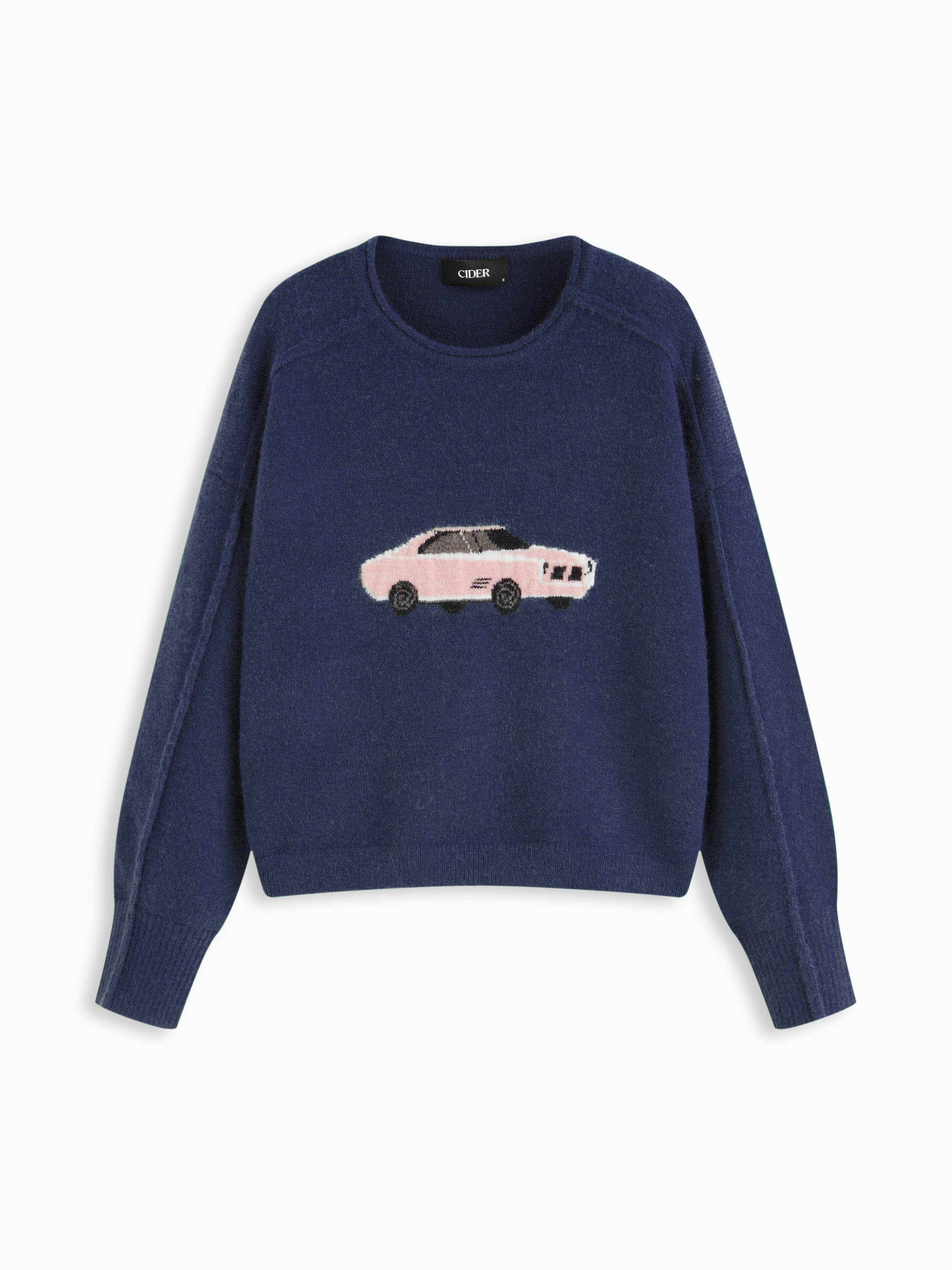 Knit Car Pattern Round Neck Side Split Sweater by CIDER
