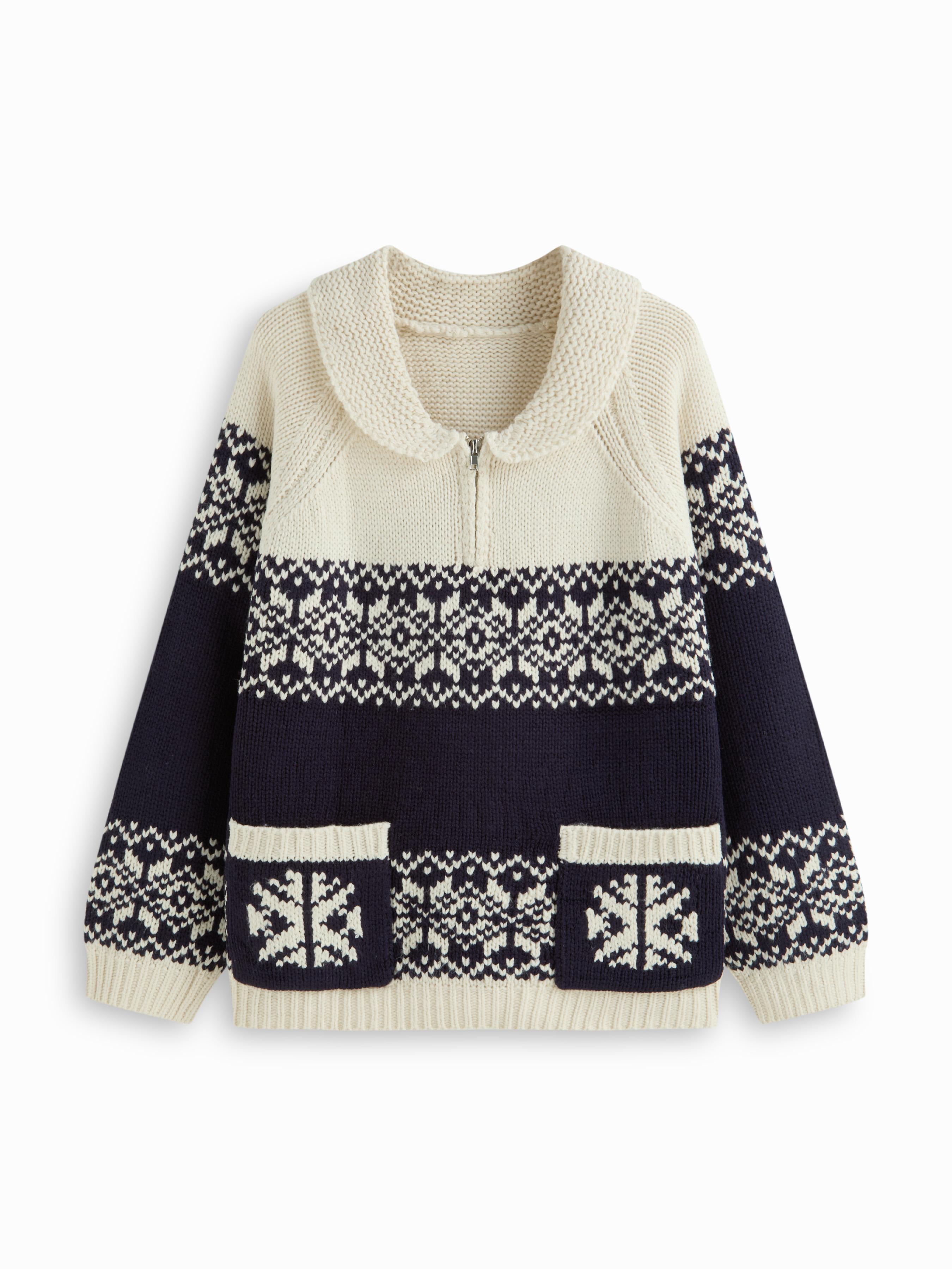 Knit Collar Aztec Half Zip Long Sleeve Top by CIDER