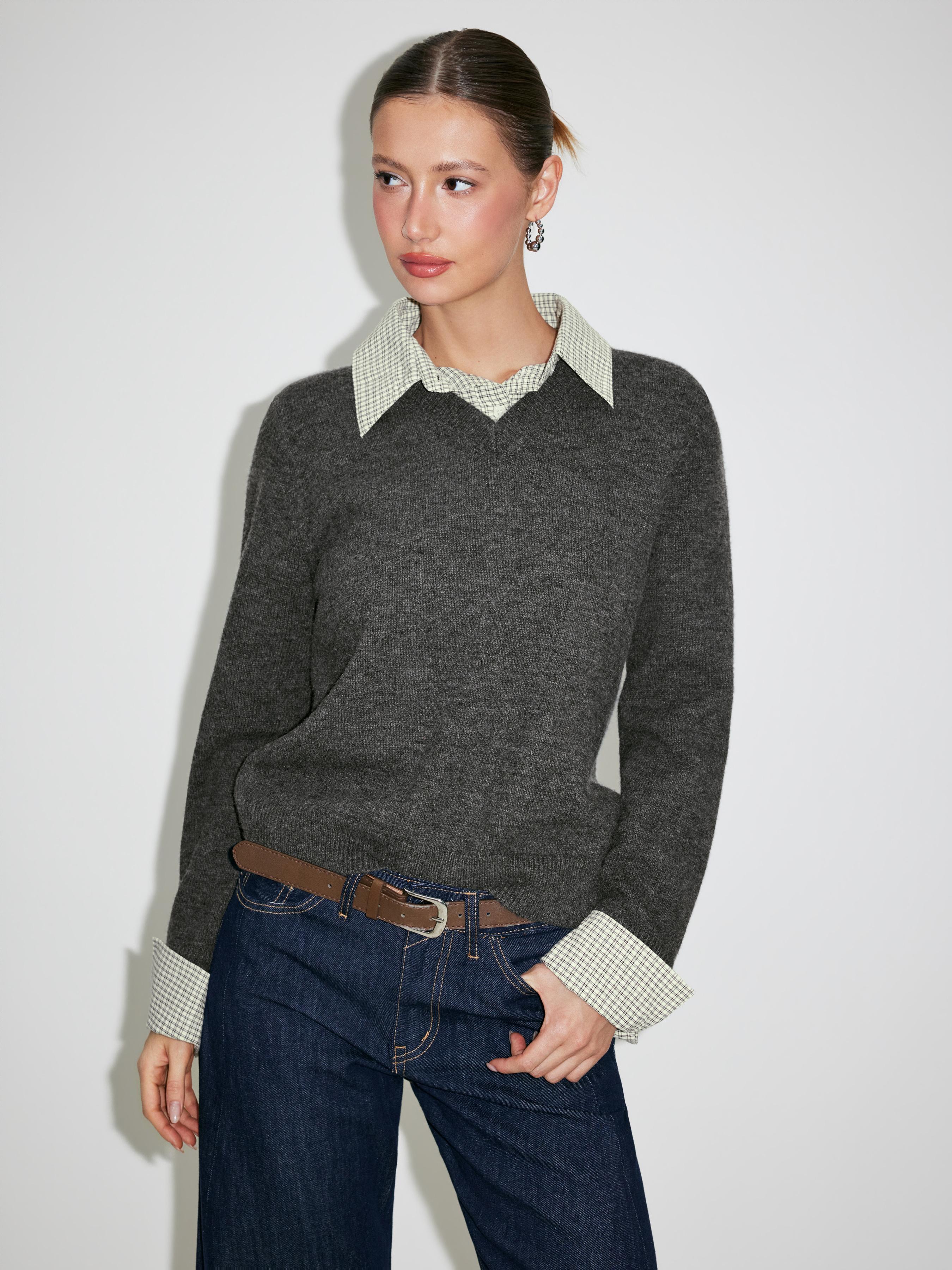 Knit Collar Check Two Tone Button Top by CIDER