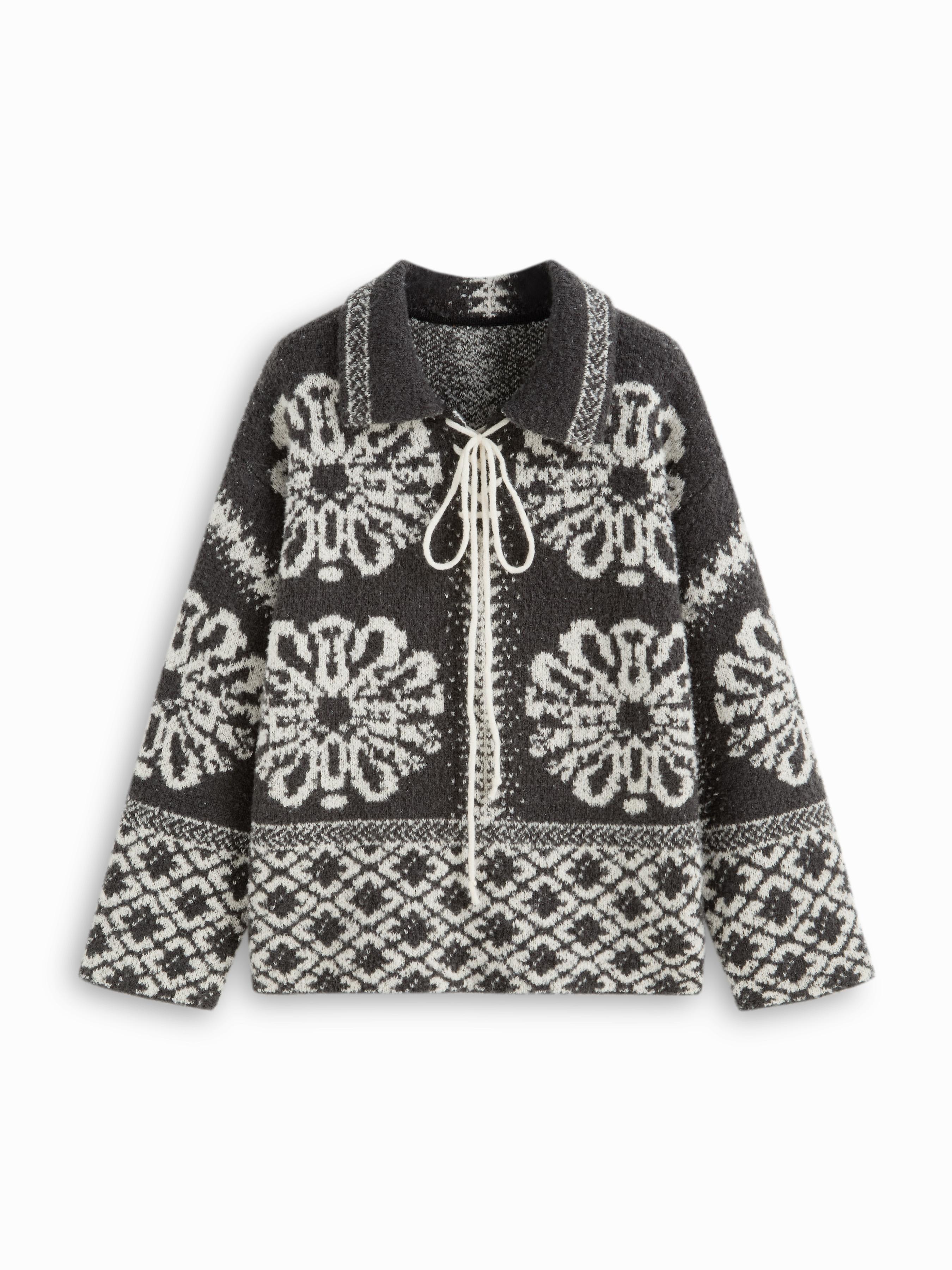 Knit Collar Floral Lace Up Chunky Sweater by CIDER