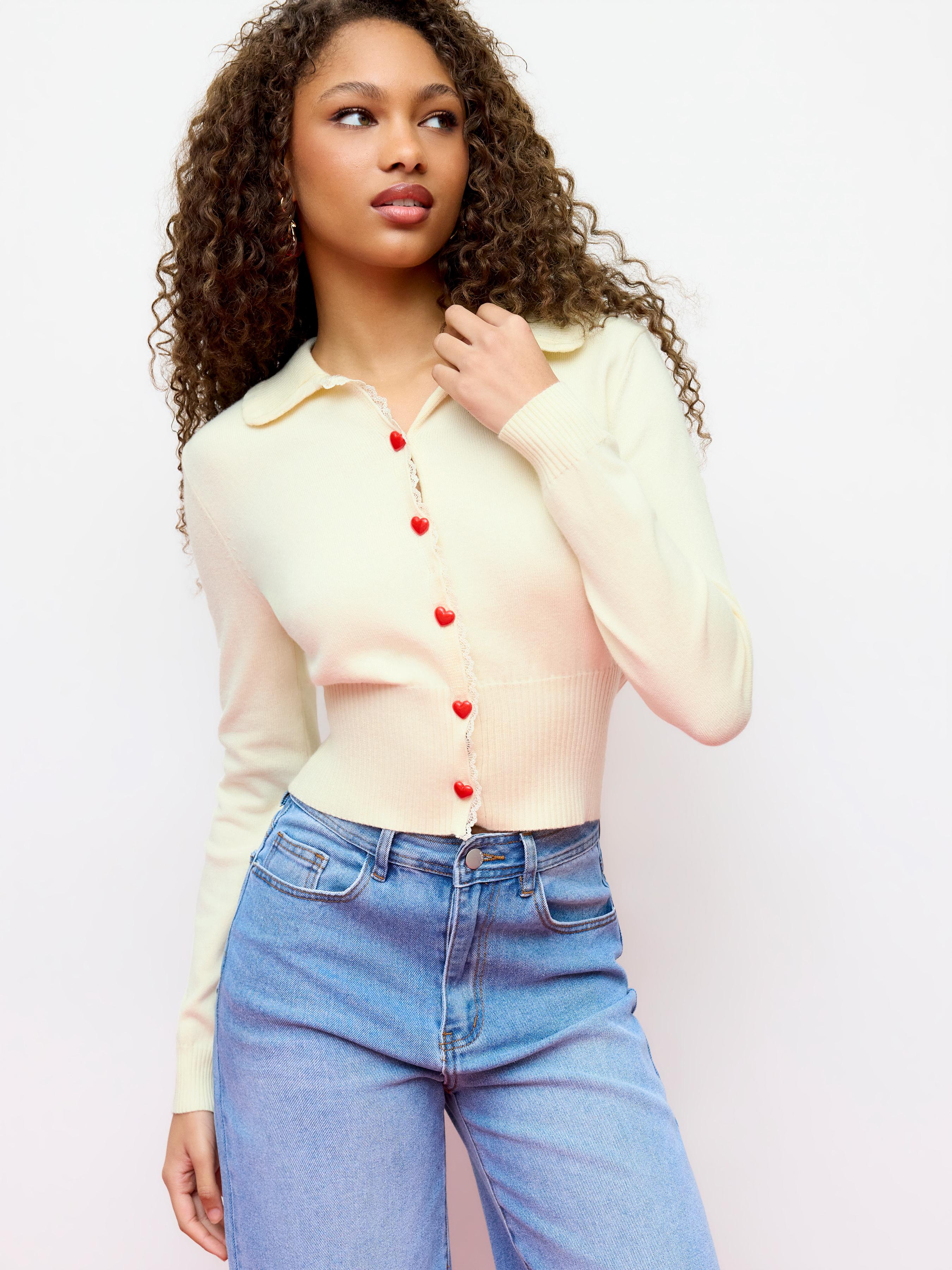 Knit Collar Heart Button Cardigan by CIDER
