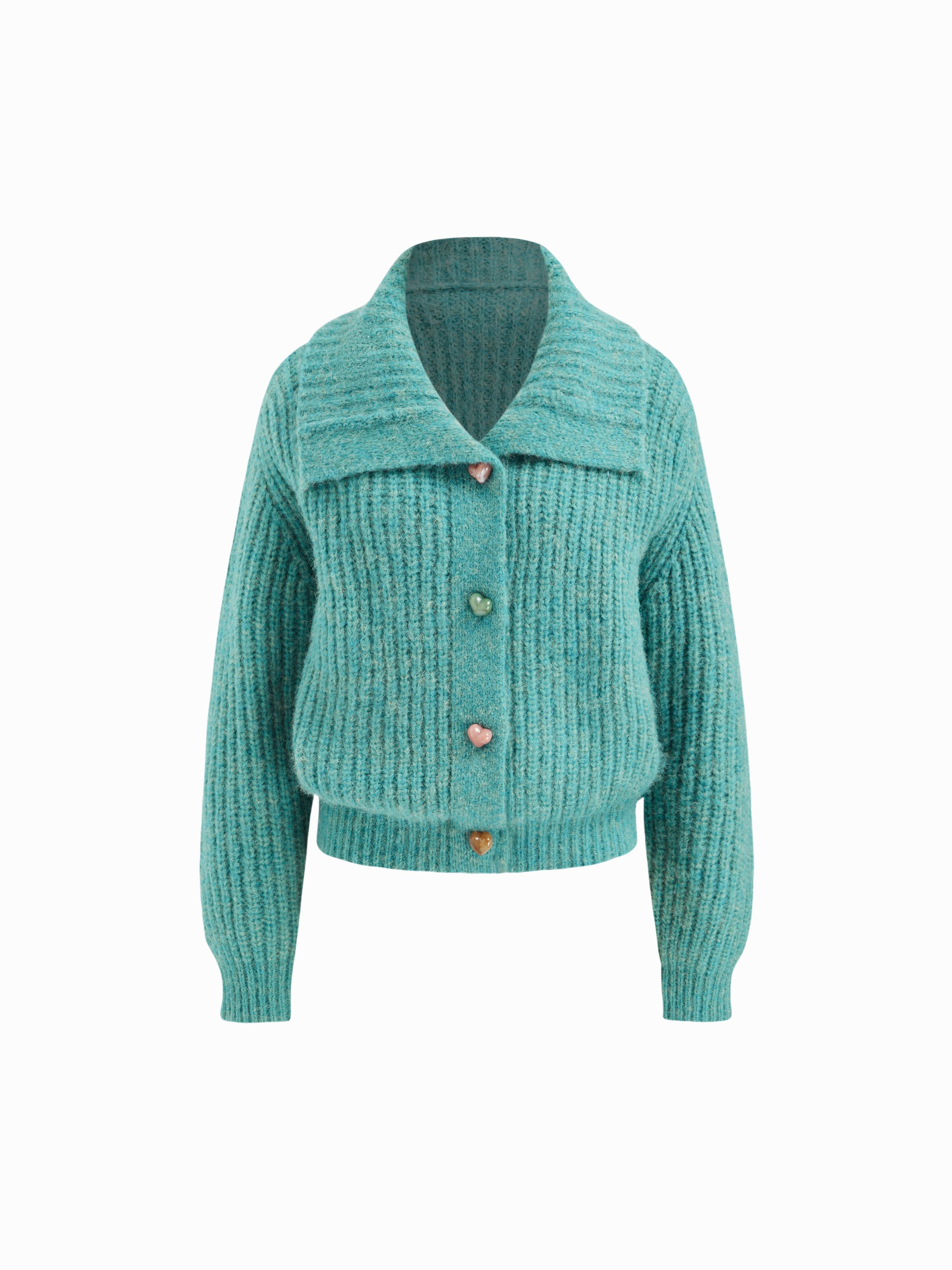 Knit Collar Lantern Sleeve Heart Metal Button Oversized Cardigan by CIDER