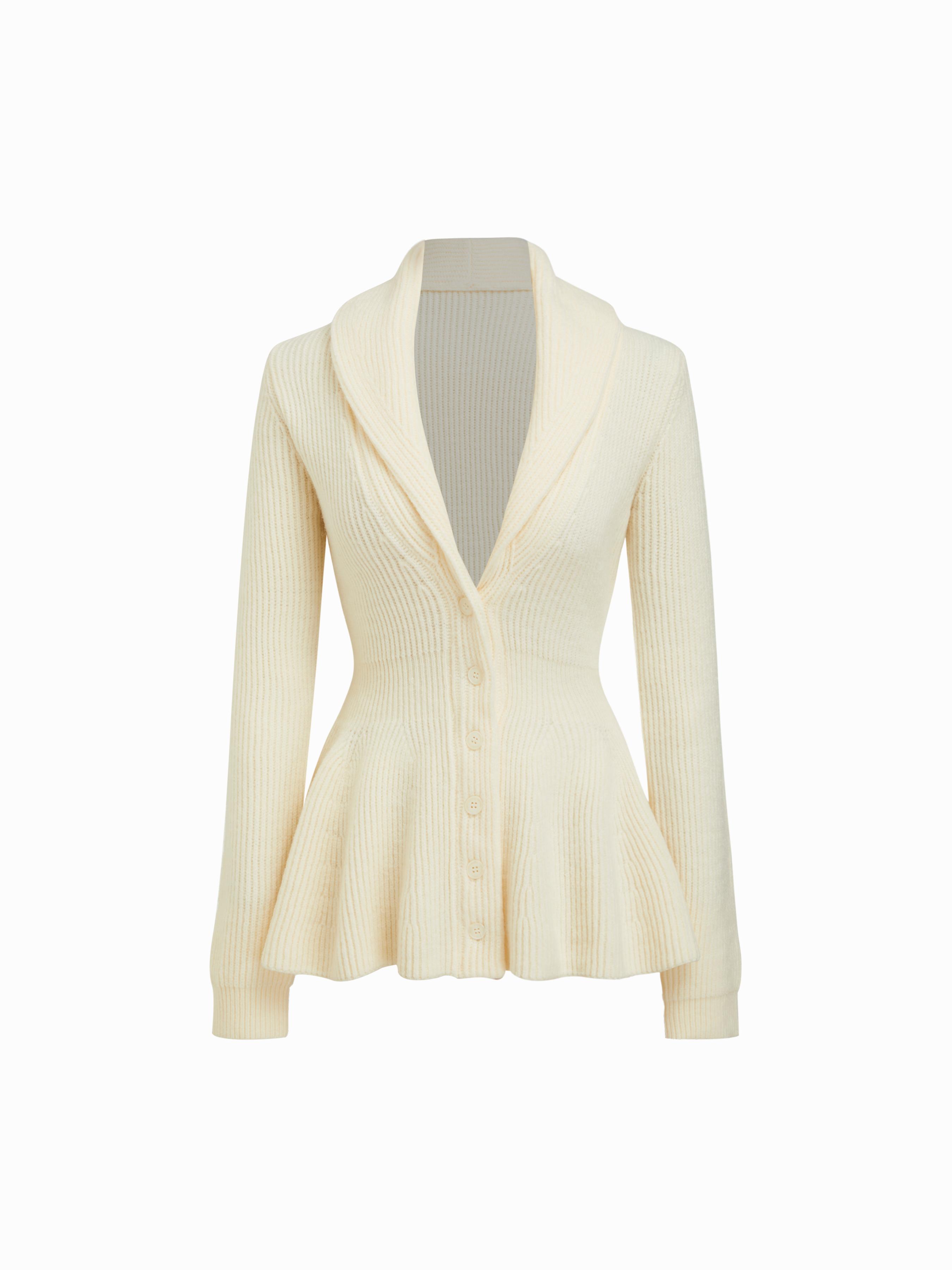 Knit Collar Long Sleeve Ruffle Hem Cinched Waist Button Cardigan by CIDER