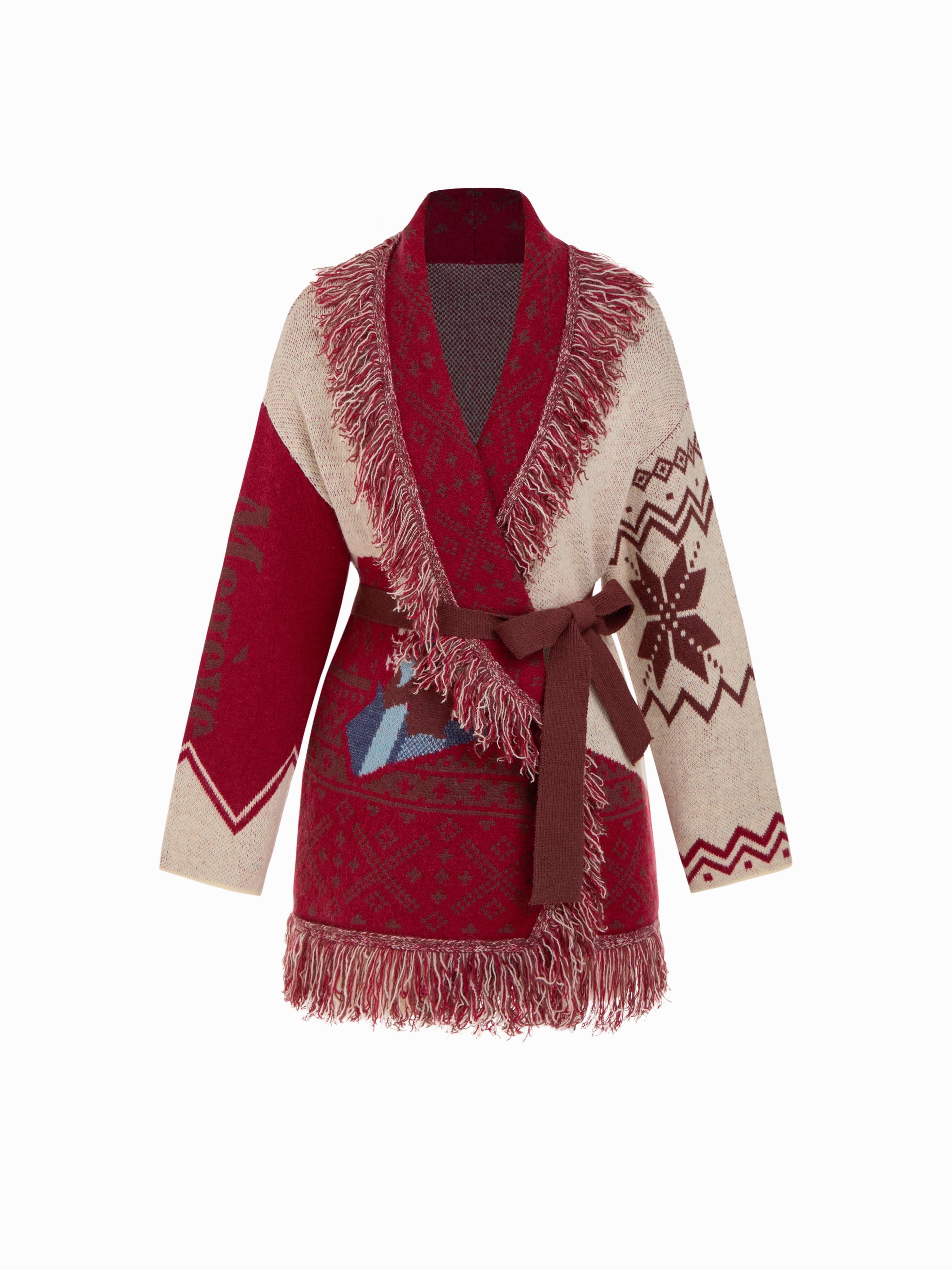 Knit Collar Pattern Colorblock Tassel Oversized Cardigan With Belt by CIDER