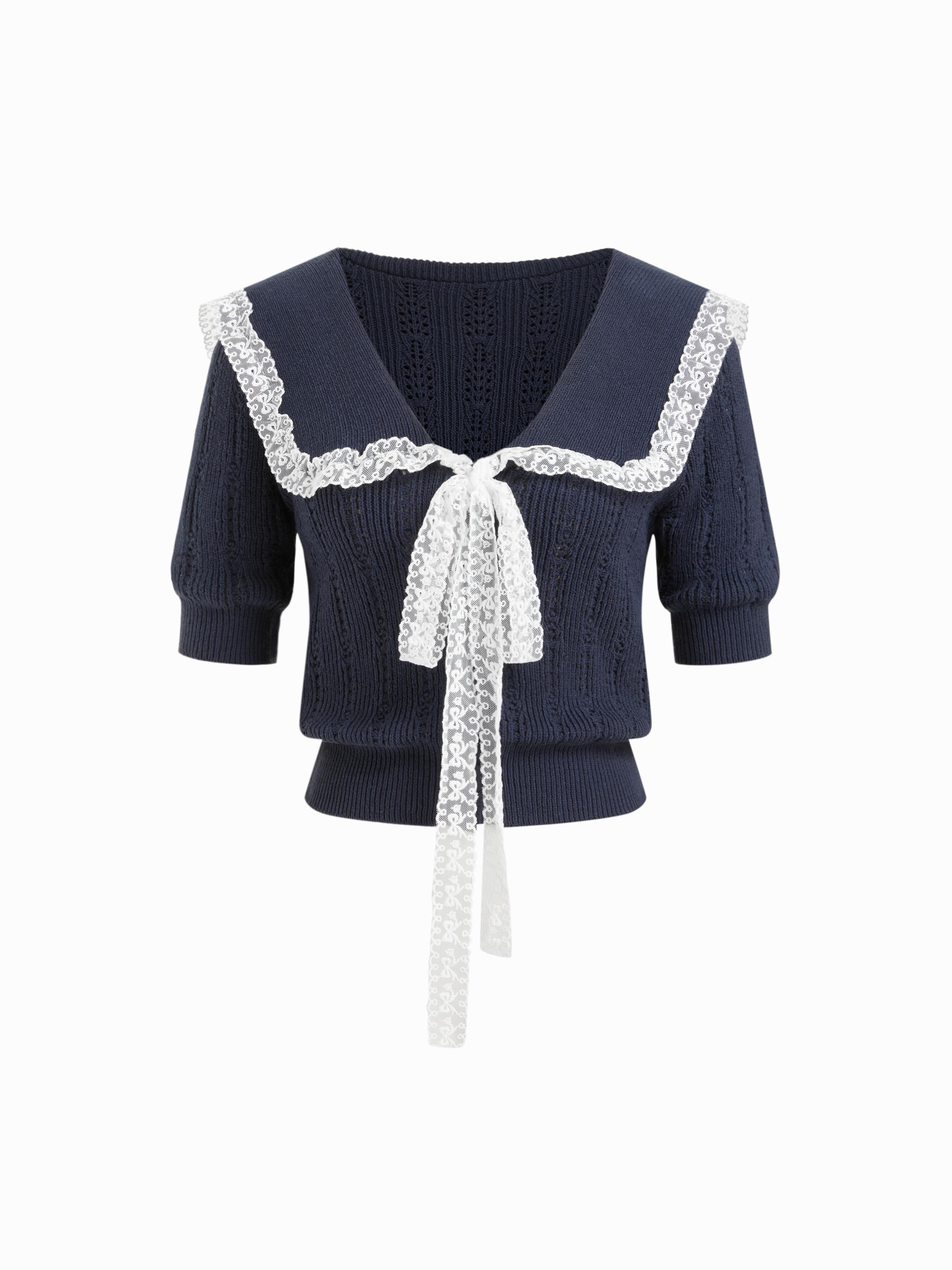 Knit Collar Short Sleeve Lace Top by CIDER