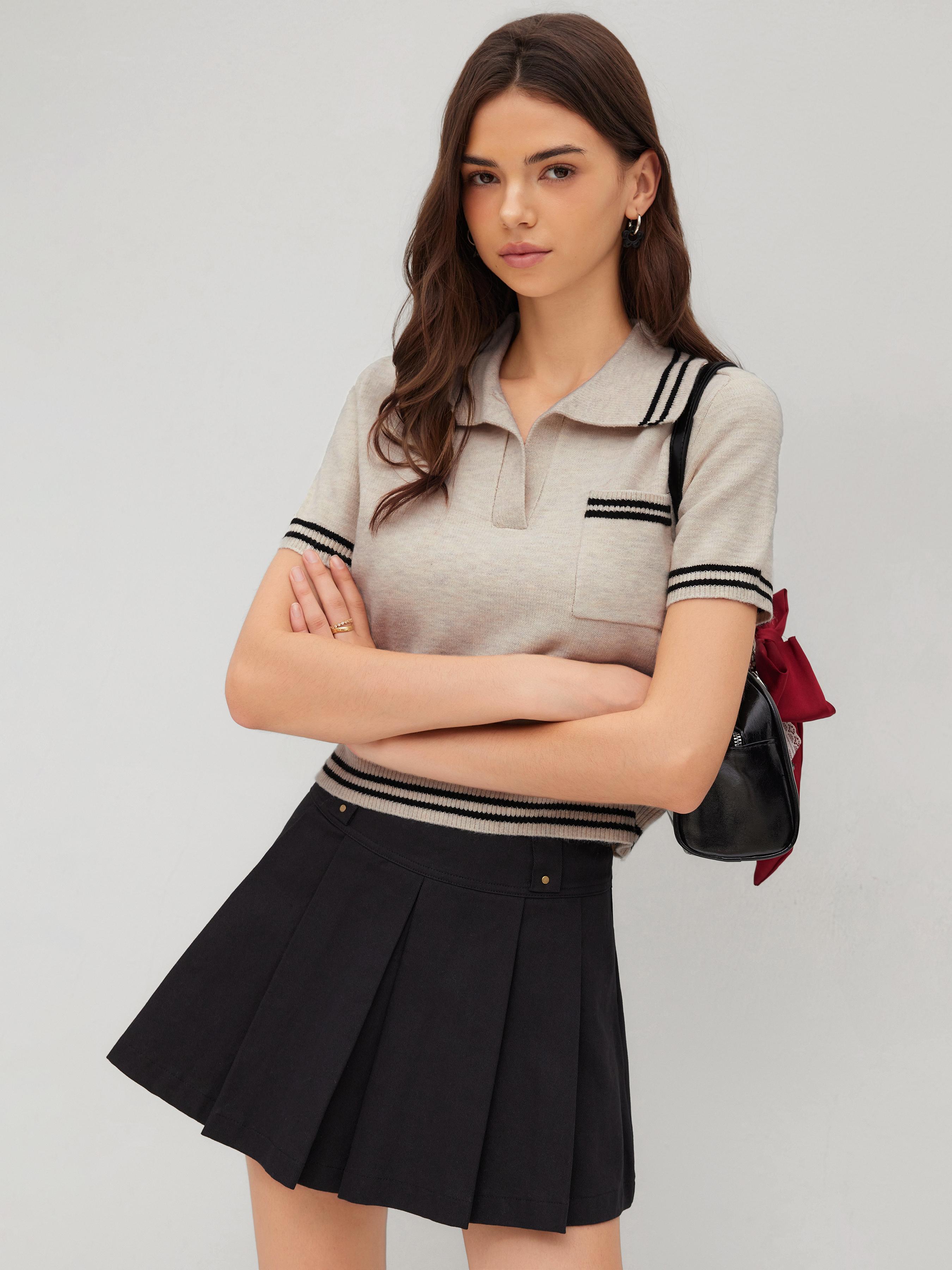 Knit Collar Stripe Short Sleeve Top by CIDER