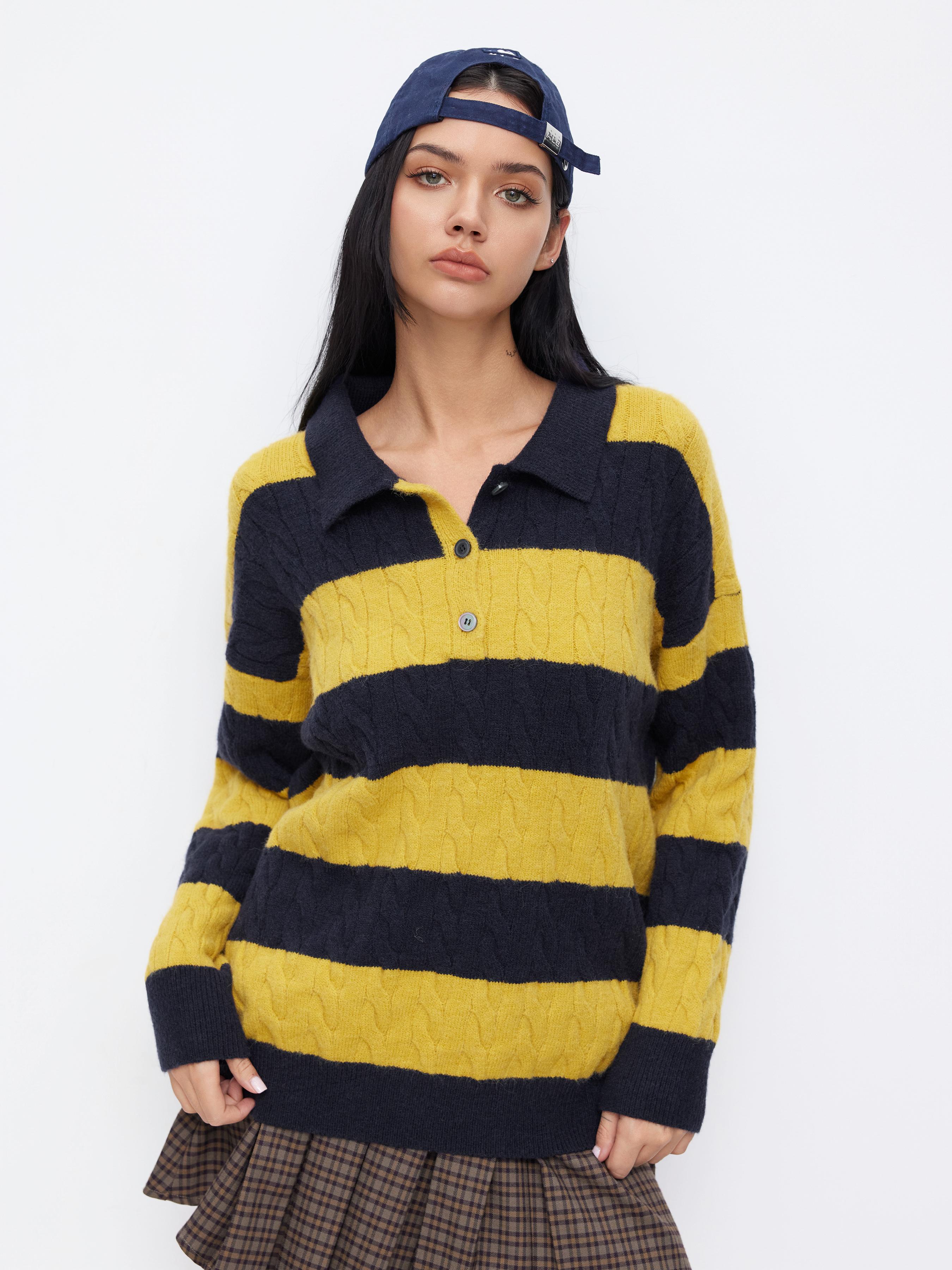 Knit Collar Striped Colorblock Button Long Sleeve Oversized Top by CIDER