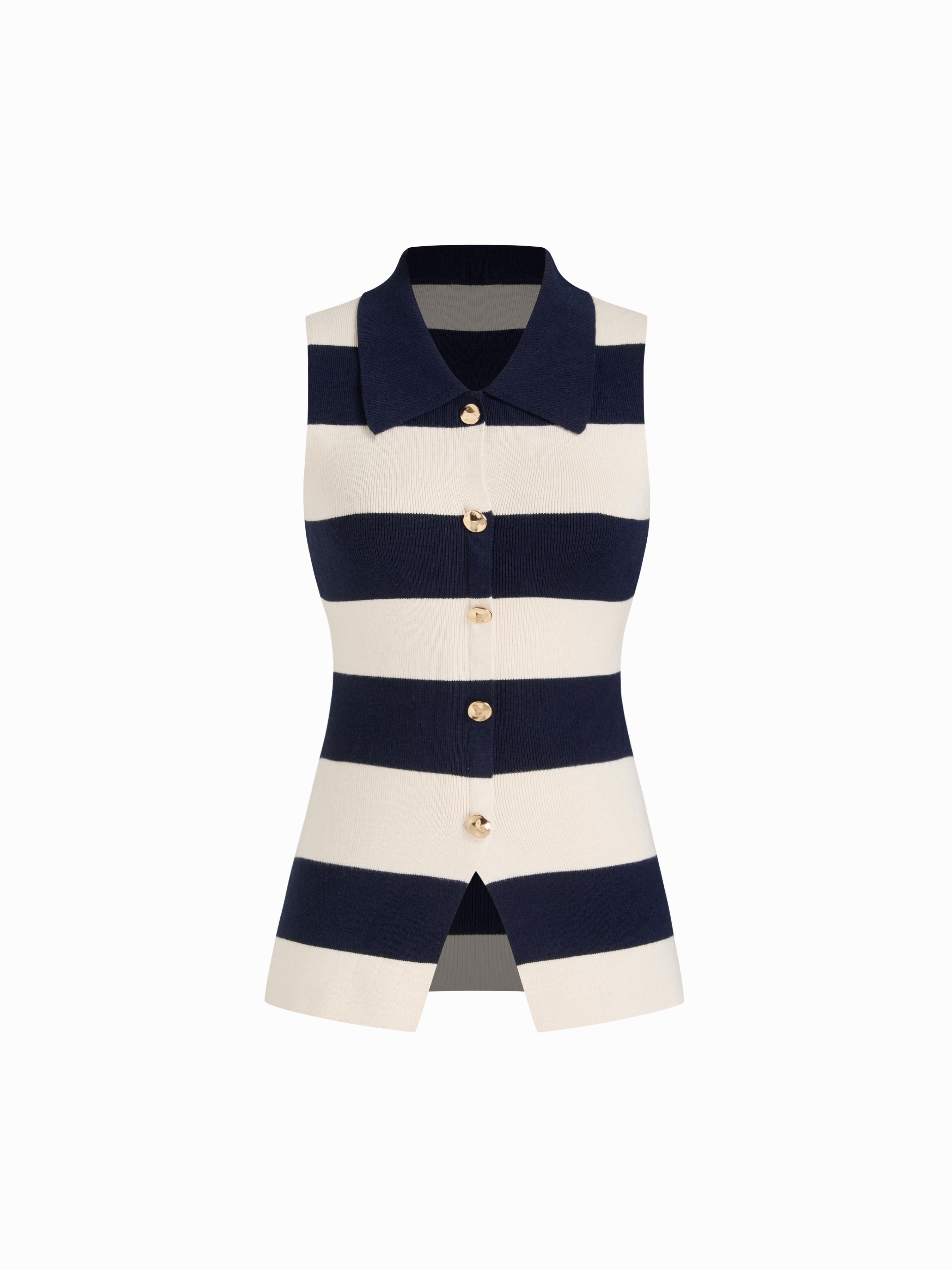 Knit Collar Two Tone Striped Split Tank Top With Metal Button by CIDER