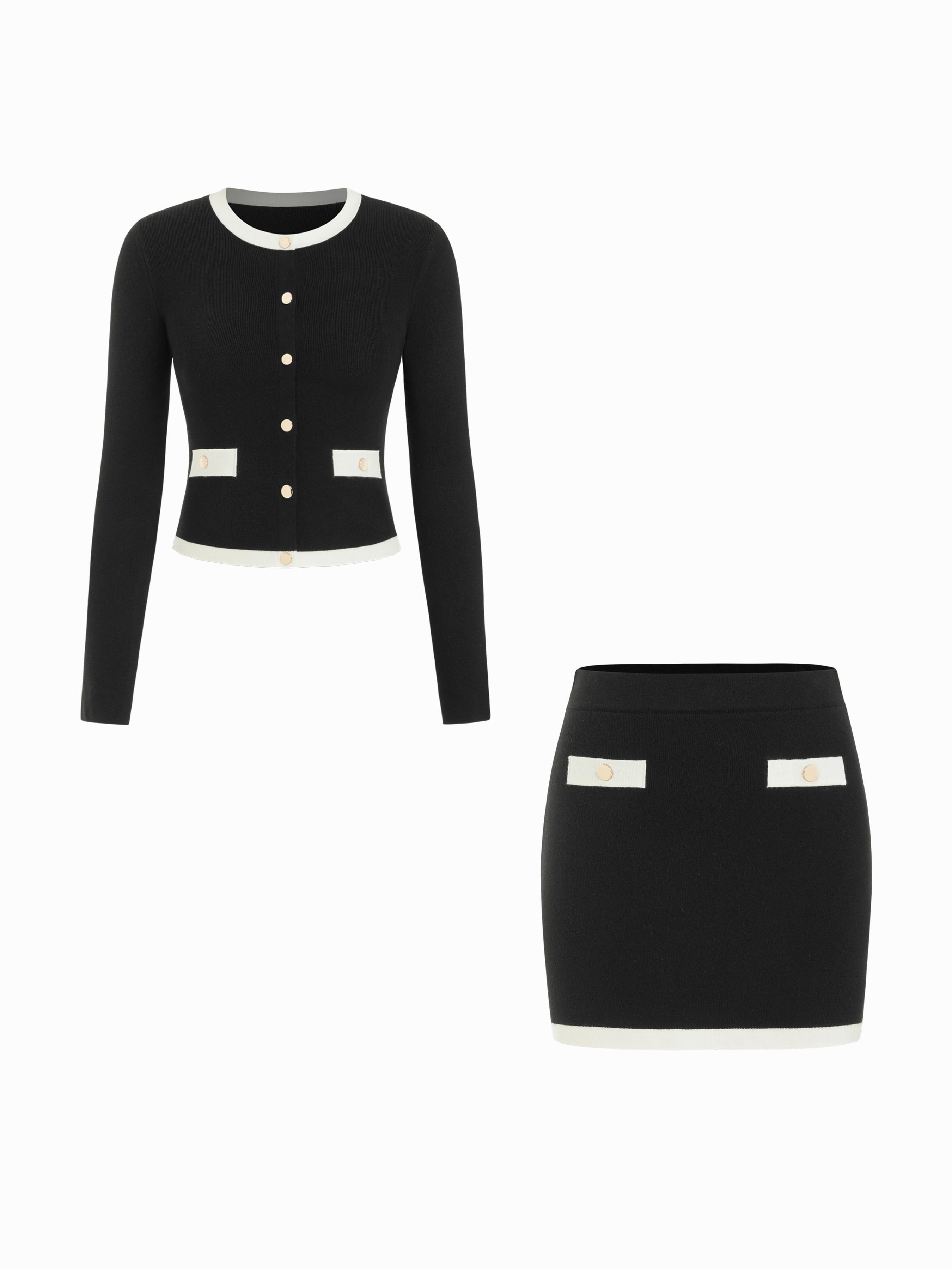 Knit Contrasting Trim Button Front Cardigan & Low Rise Bodycon Skirt Set by CIDER