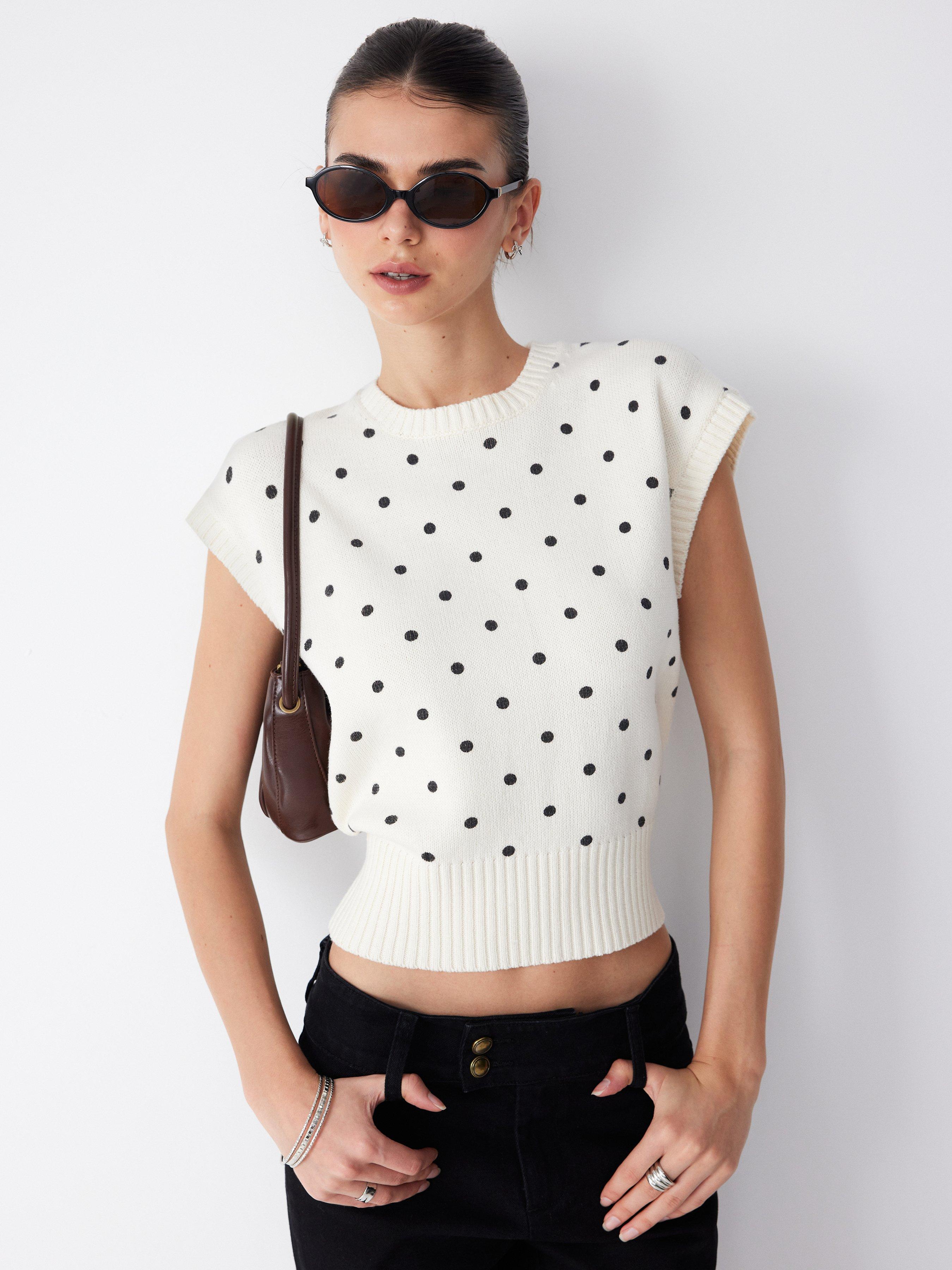 Knit Cotton-blend Polka Dot Ribbed Hem Vest by CIDER