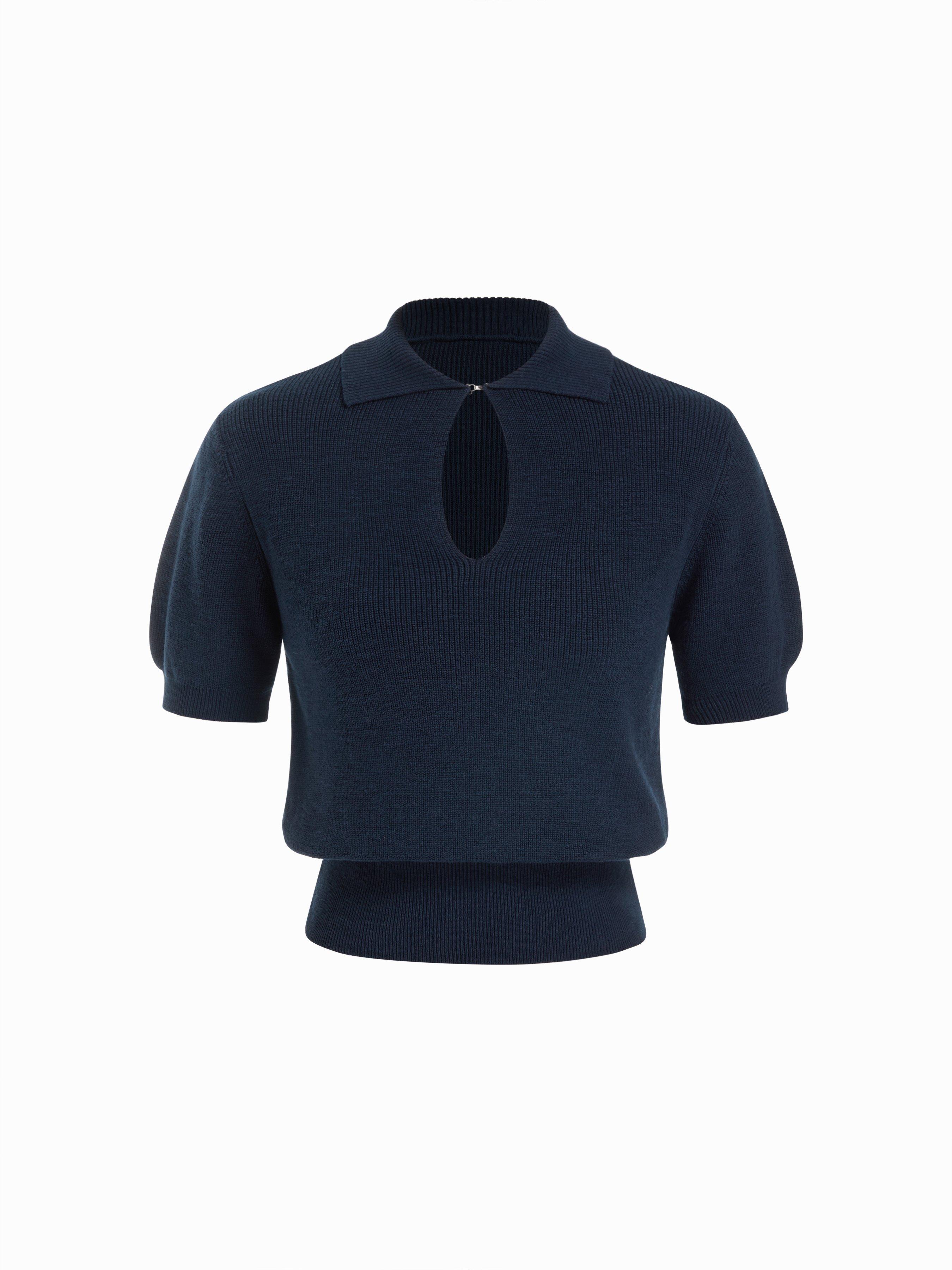 Knit Cotton-blend Polo Neck Short Sleeve Cut Out Top by CIDER