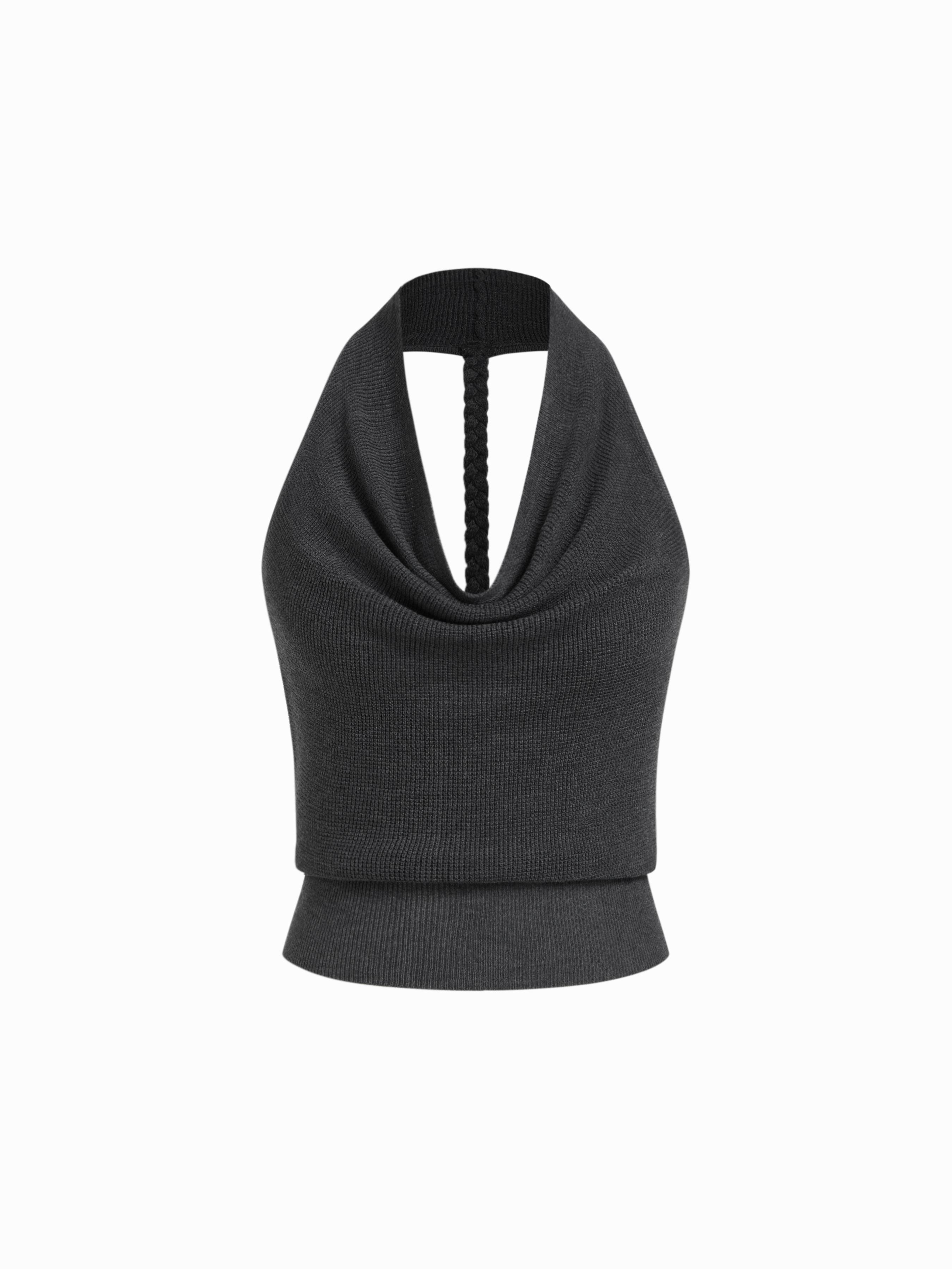Knit Cowl Neck Backless Crop Top With Braided Detail by CIDER