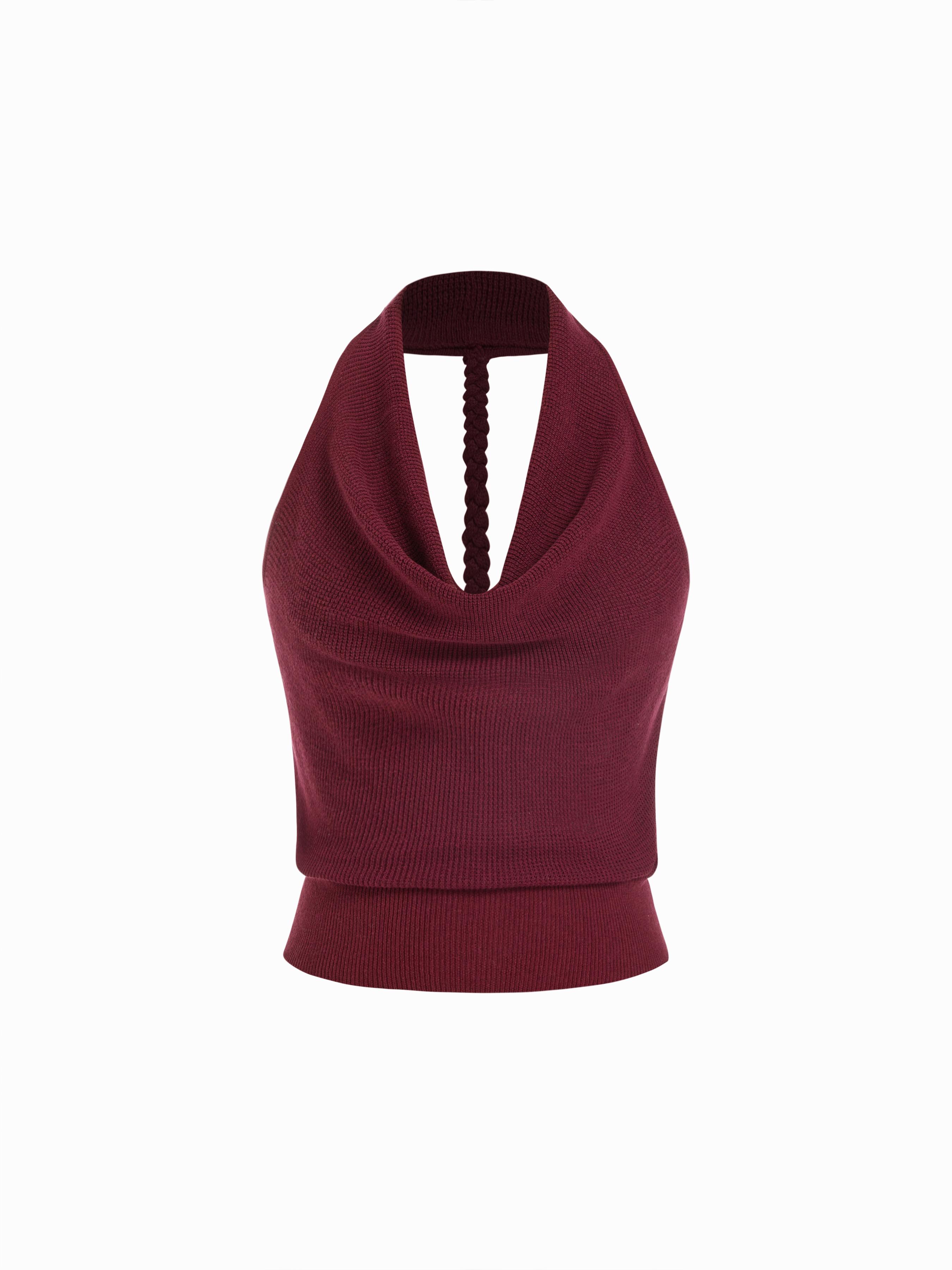 Knit Cowl Neck Backless Crop Top With Braided Detail by CIDER