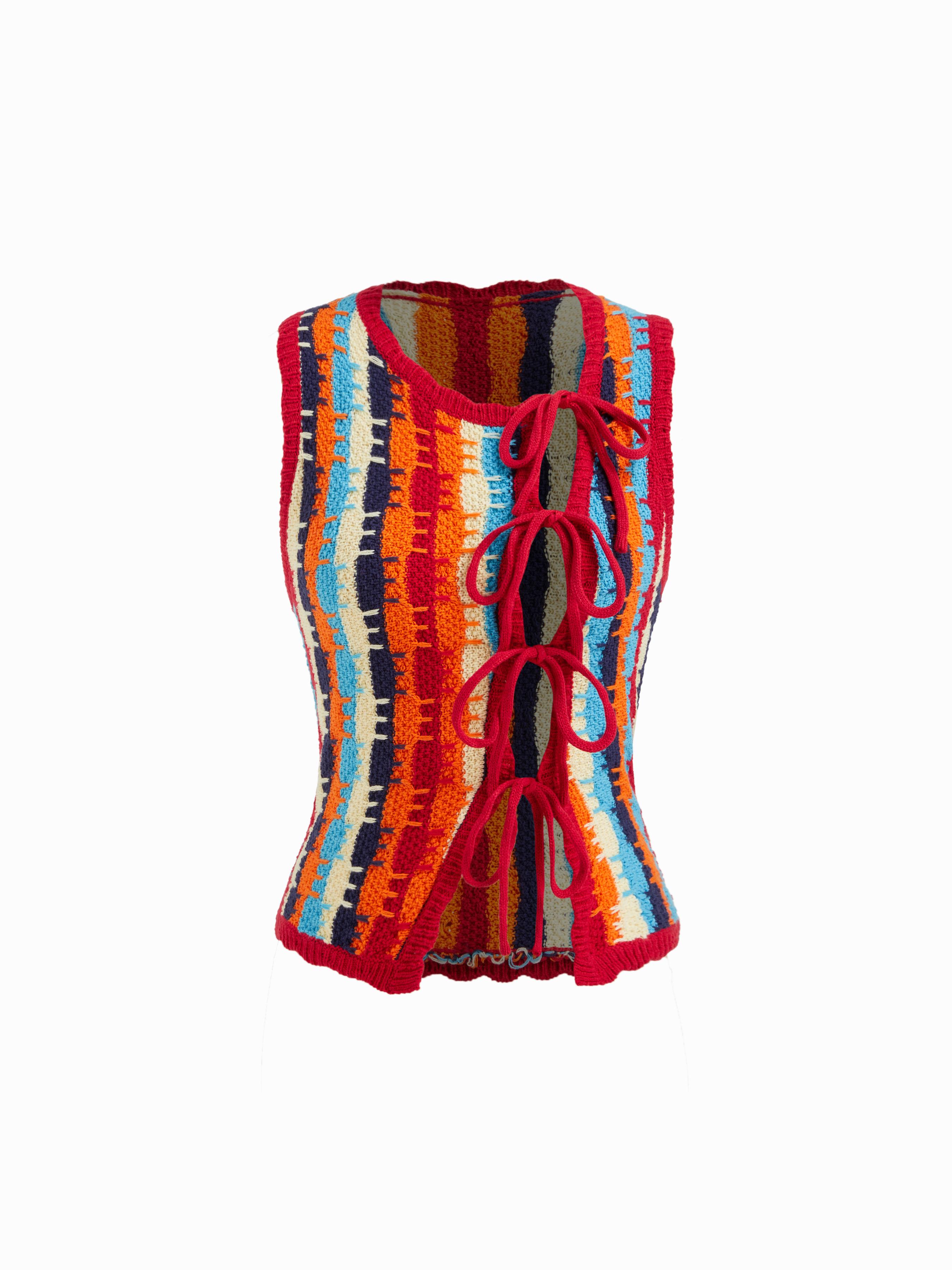 Knit Crochet Asymmetrical Neck Stripe Colorblock Tie Front Vest by CIDER