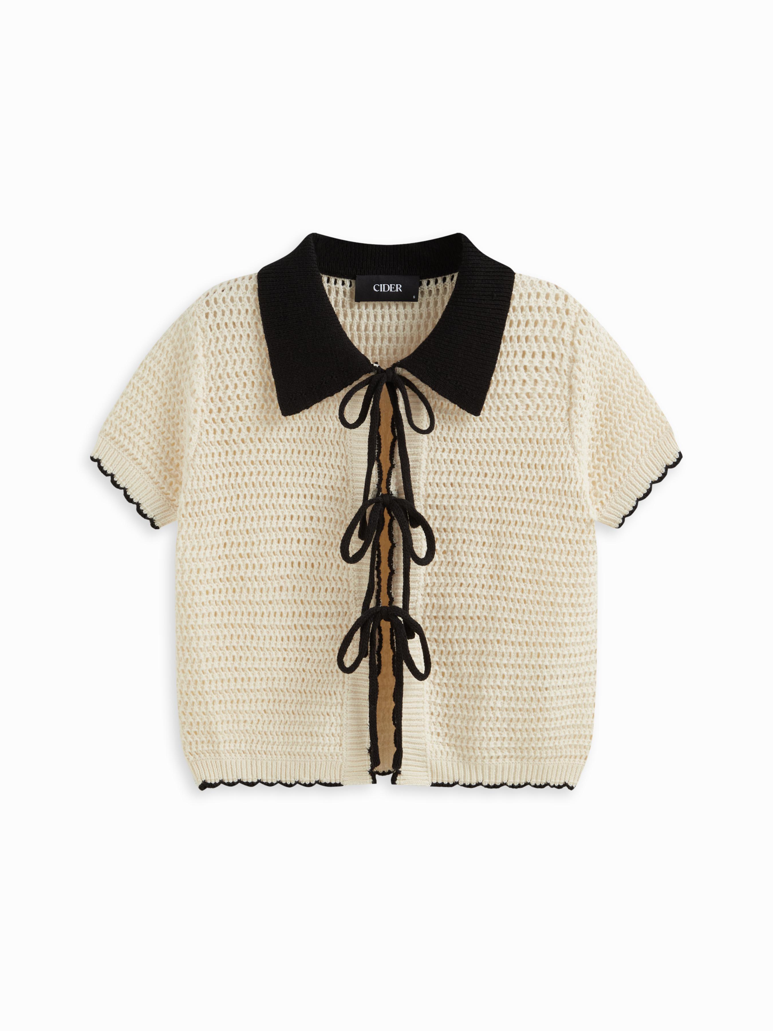 Knit Crochet Polo Collar Tie Front Bow Contrasting Binding Hollow Out Cardigan by CIDER