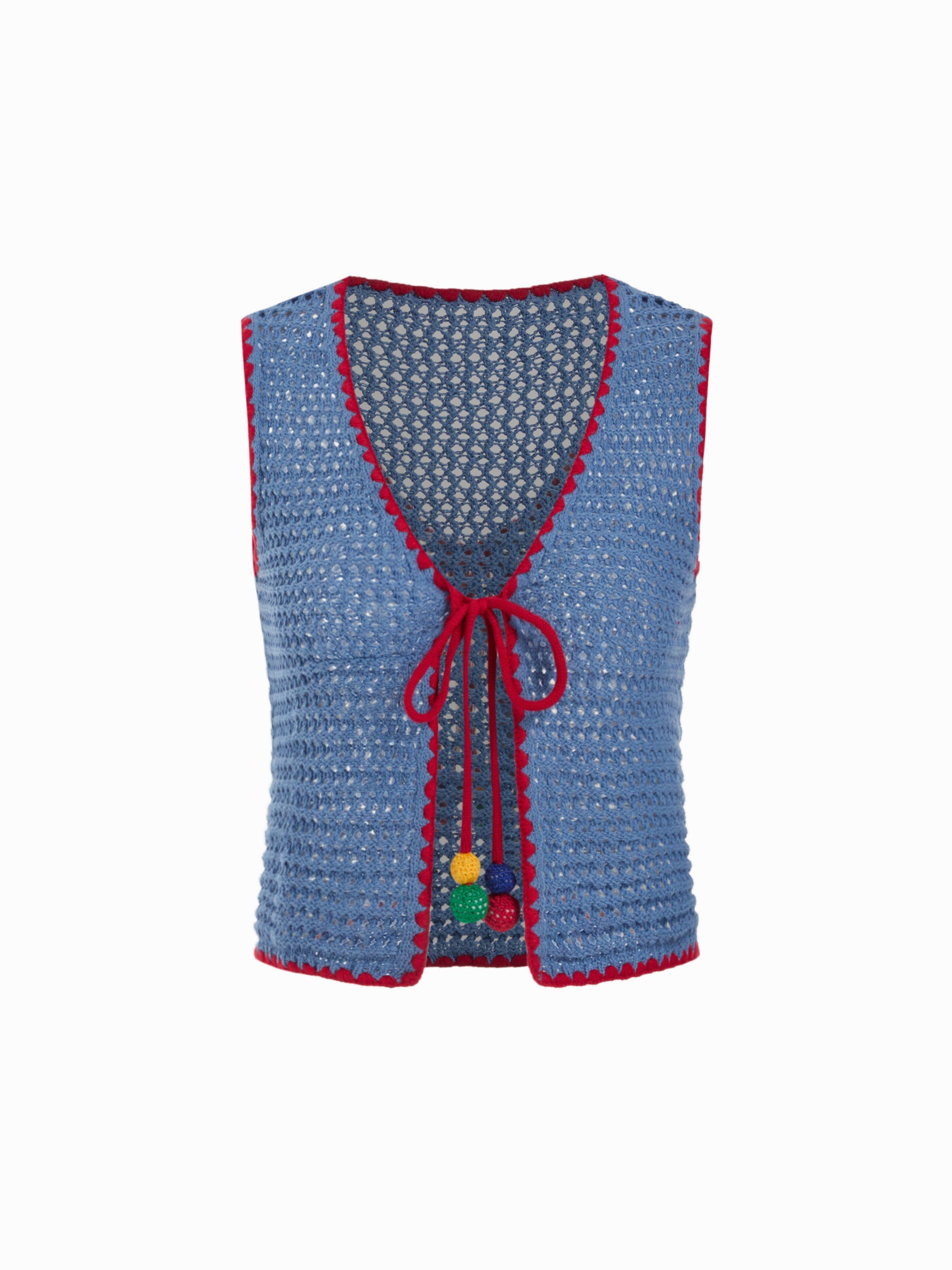 Knit Crochet V-Neck Colorblock Tie Front Bow Oversized Vest by CIDER