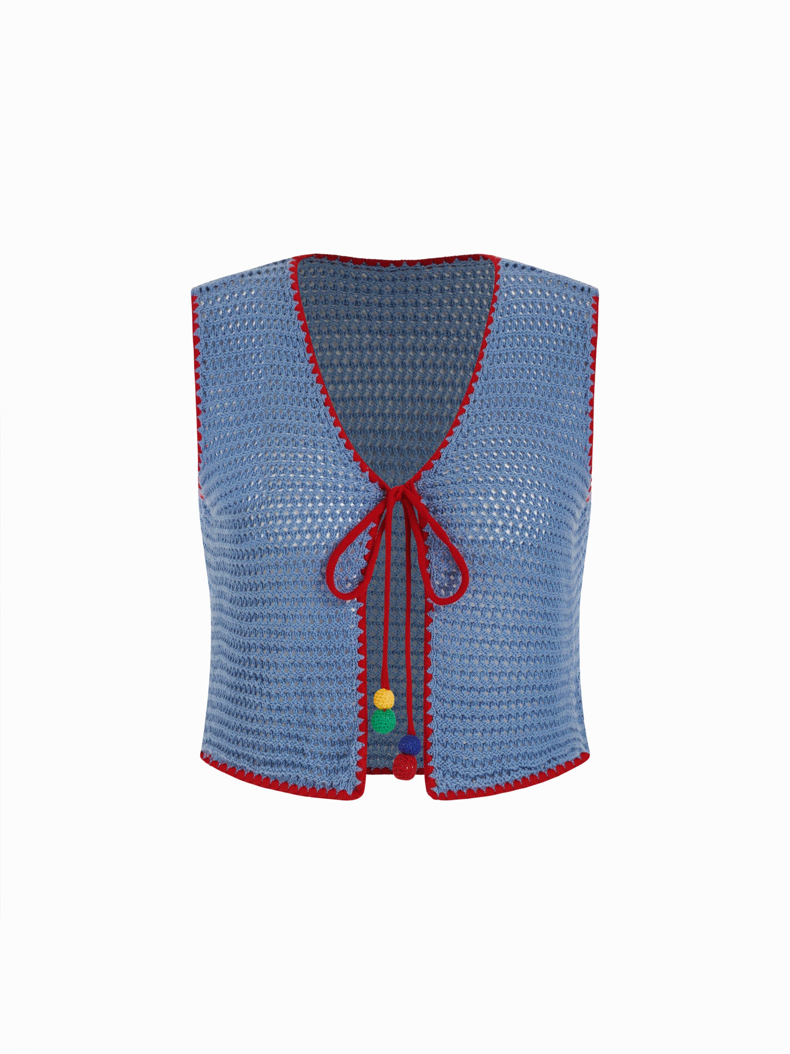Knit Crochet V-Neck Colorblock Tie Front Bow Oversized Vest Curve & Plus by CIDER