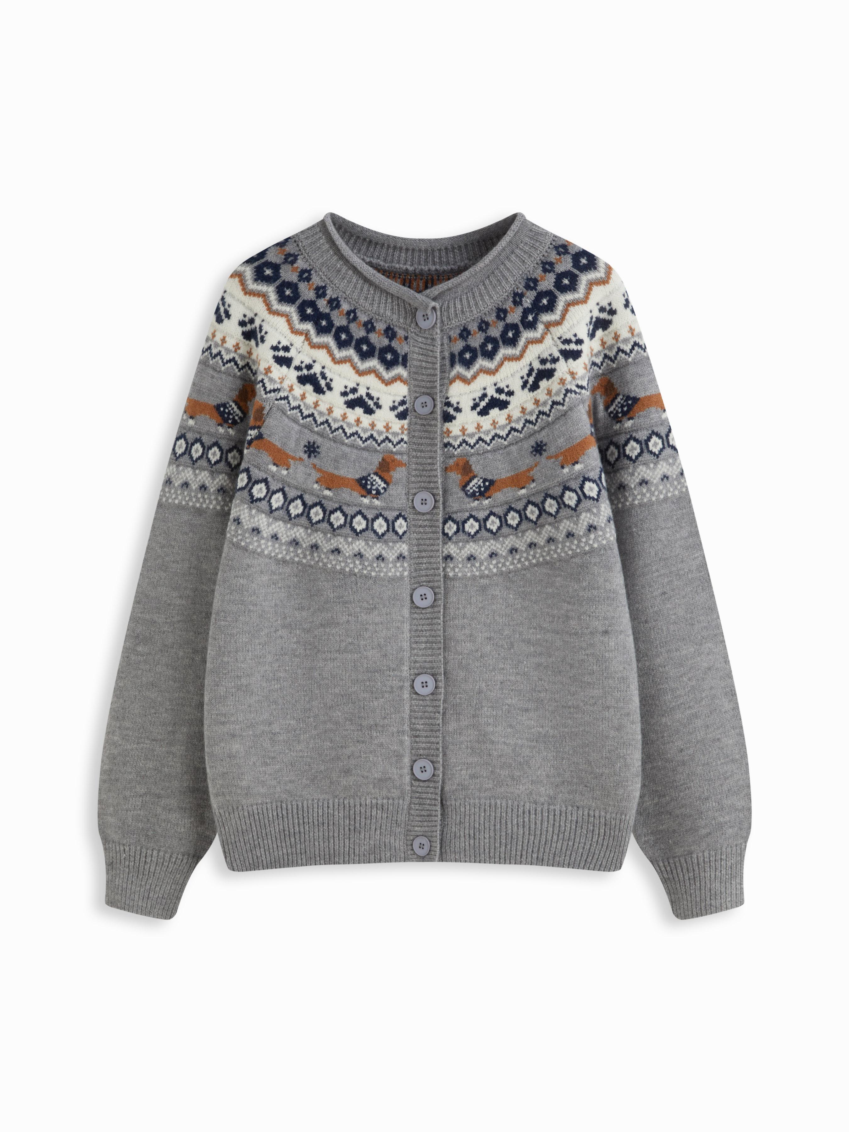 Knit Dachshund Graphic Round Neckline Oversized Cardigan by CIDER
