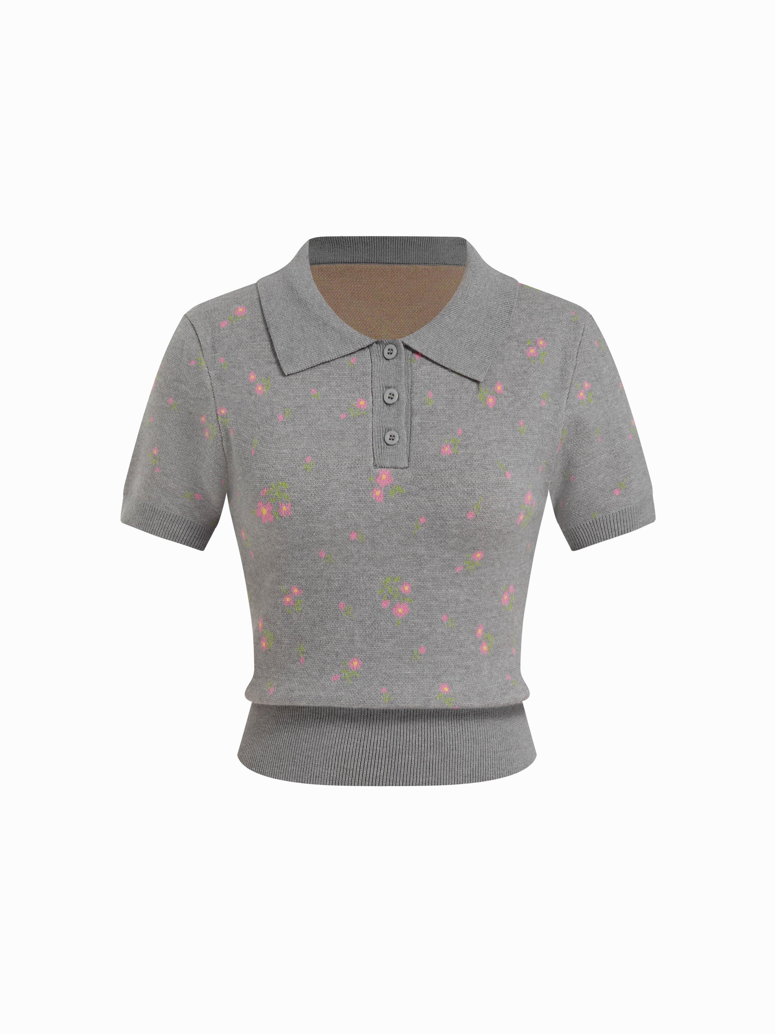 Knit Ditsy Floral Polo Neck Crop Top by CIDER