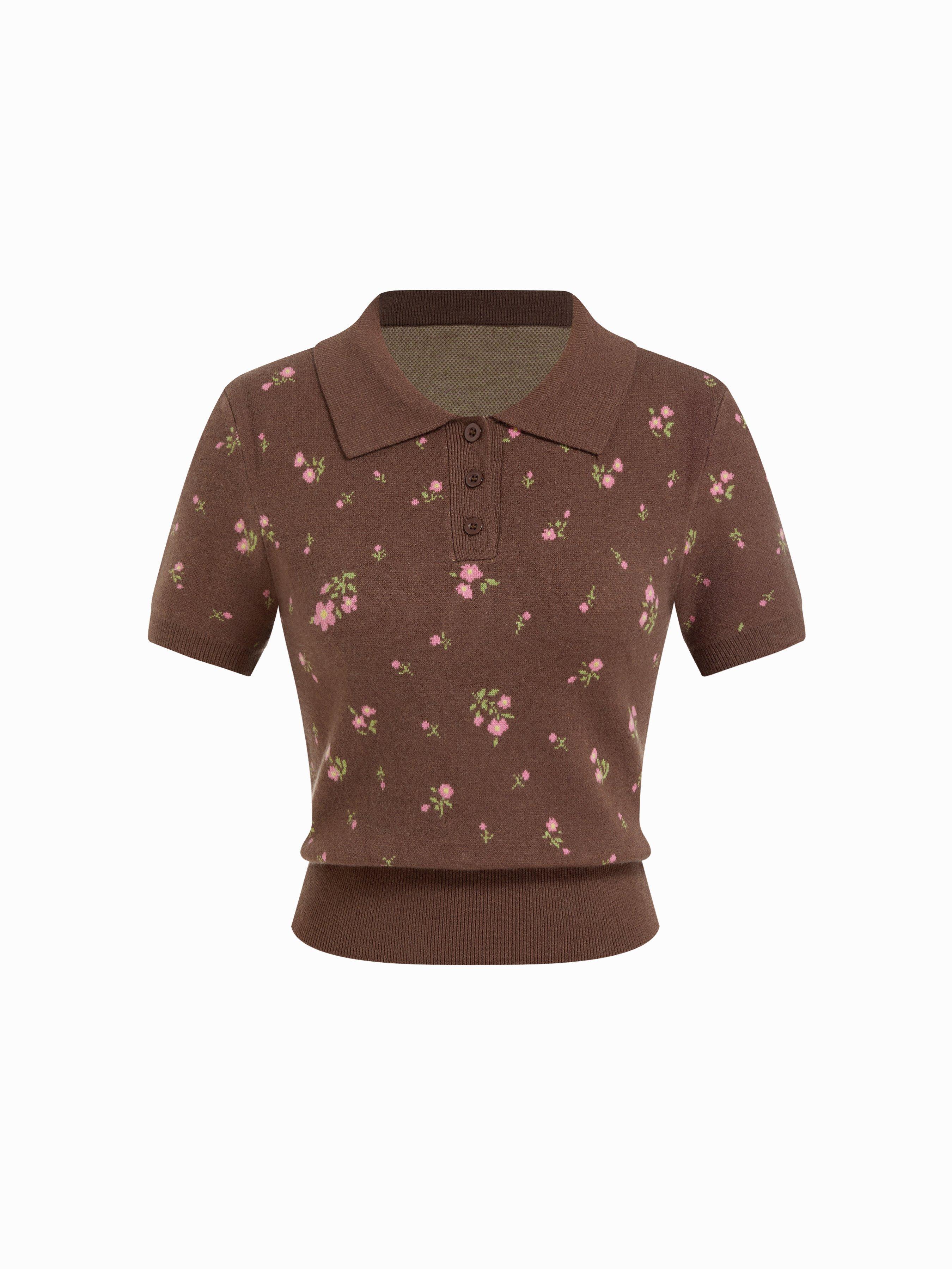 Knit Ditsy Floral Polo Neck Crop Top by CIDER
