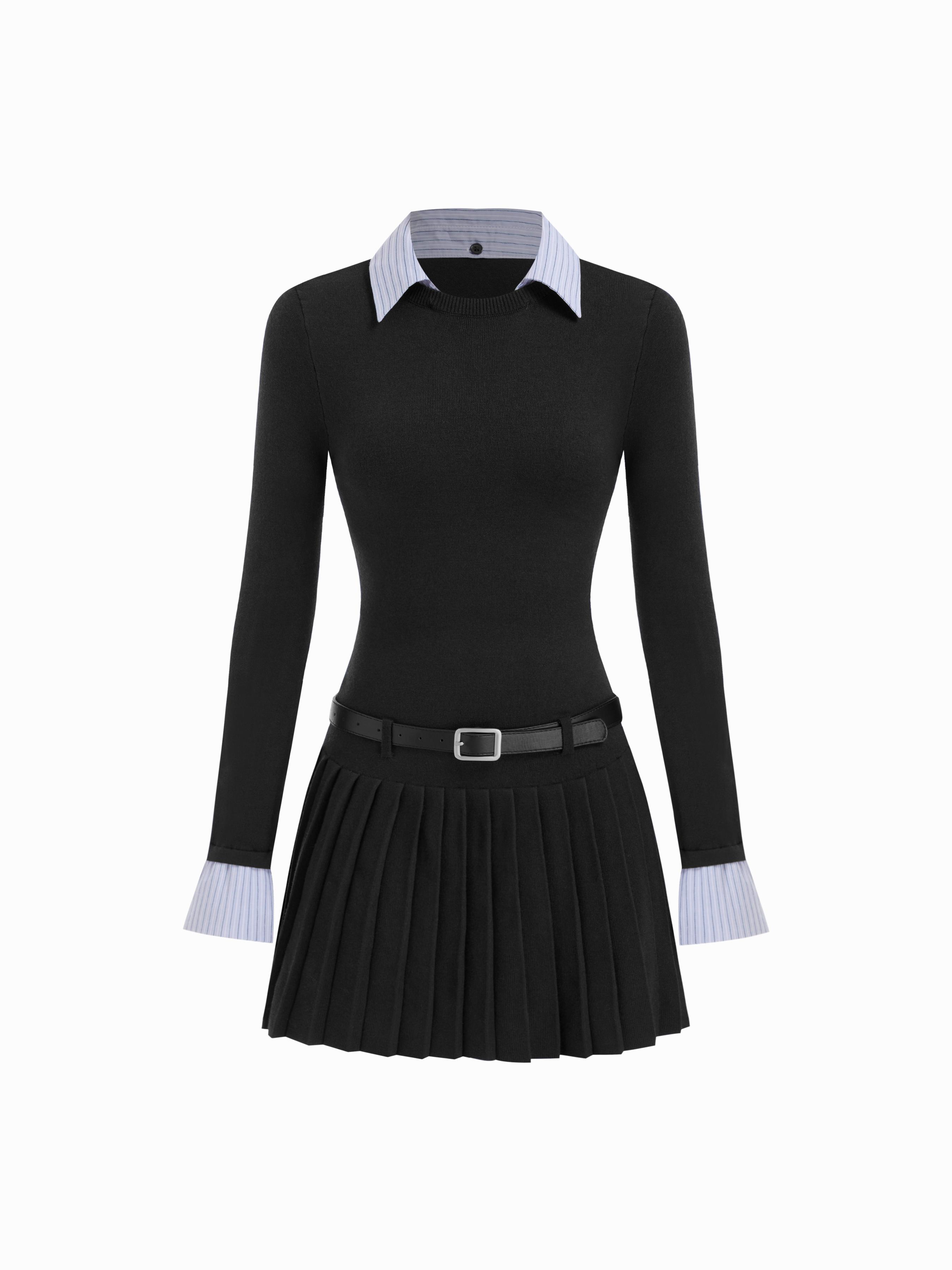 Knit Fabric Collar Belted Pleated Dress by CIDER