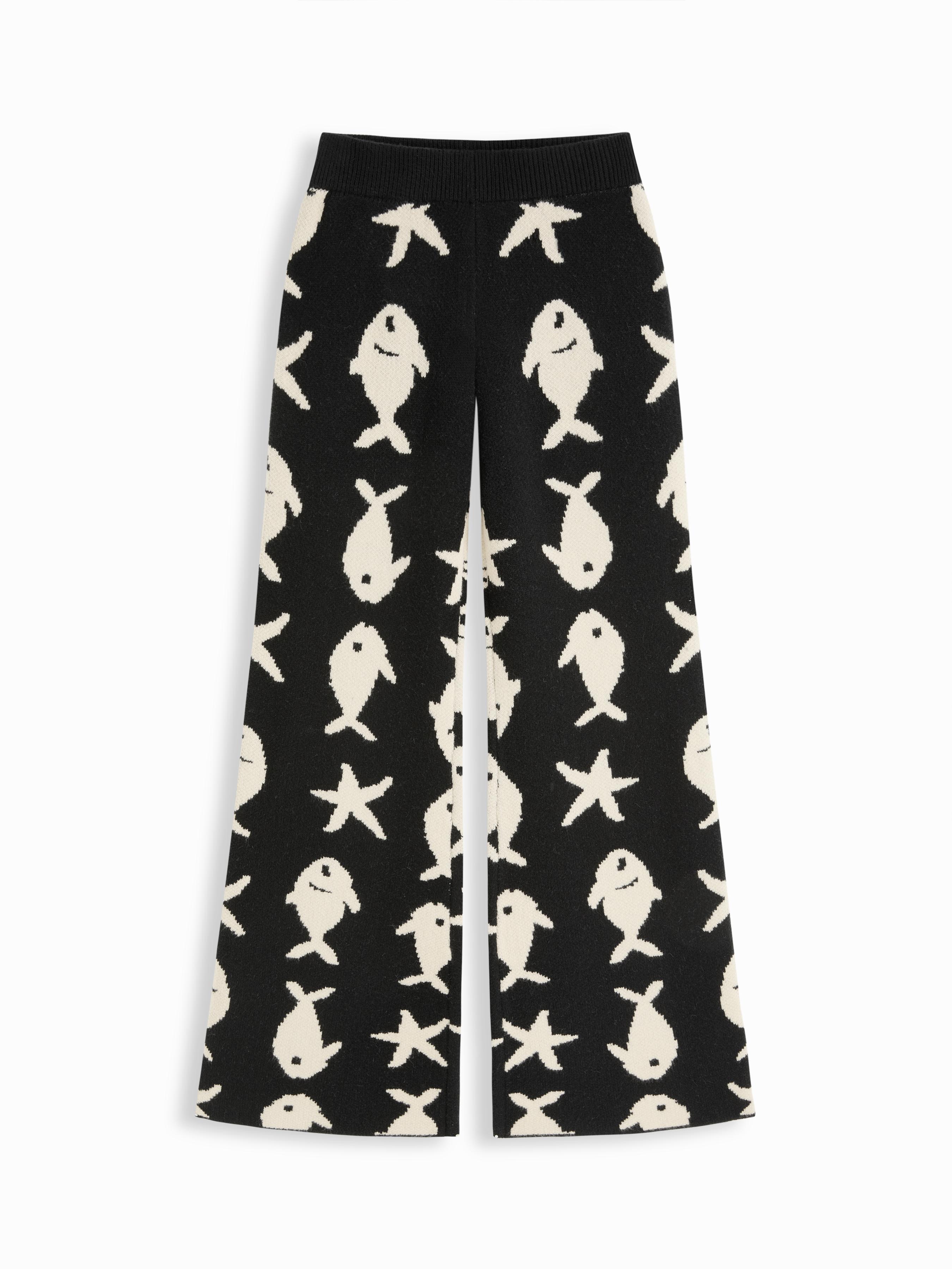 Knit Fish Pattern Mid Rise Elastic Waist Wide Leg Trousers by CIDER