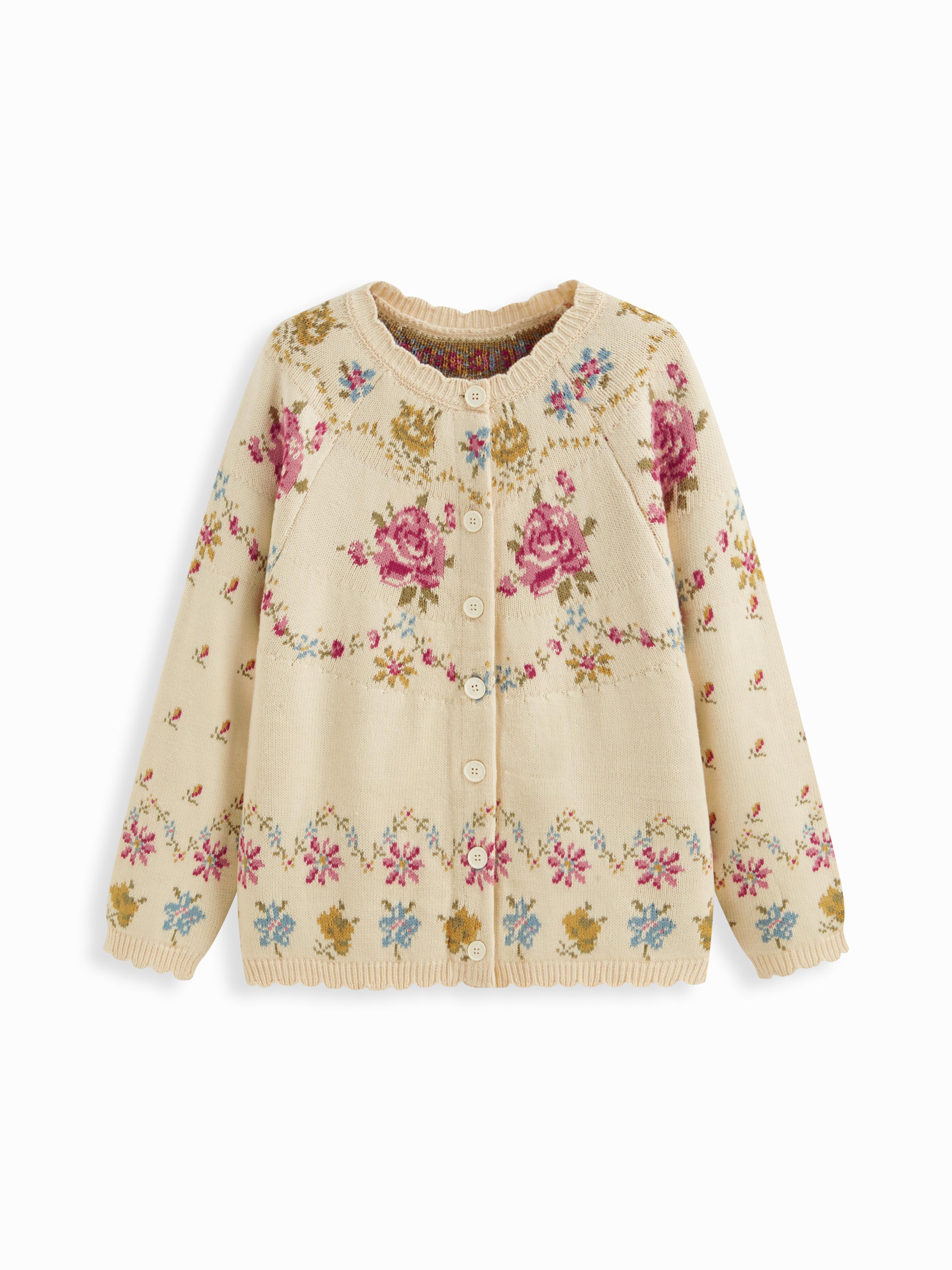 Knit Floral Round Neck Long Sleeve Oversized Cardigan by CIDER