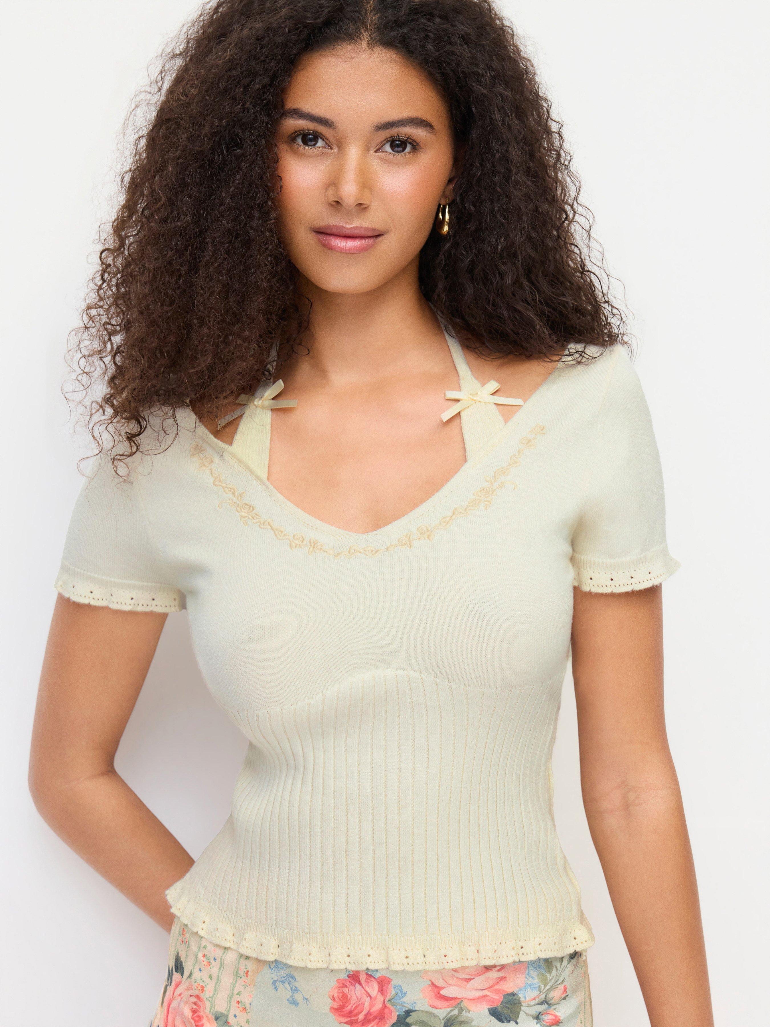Knit Floral U-neckline Short Sleeve Embroidery Bowknot Top by CIDER