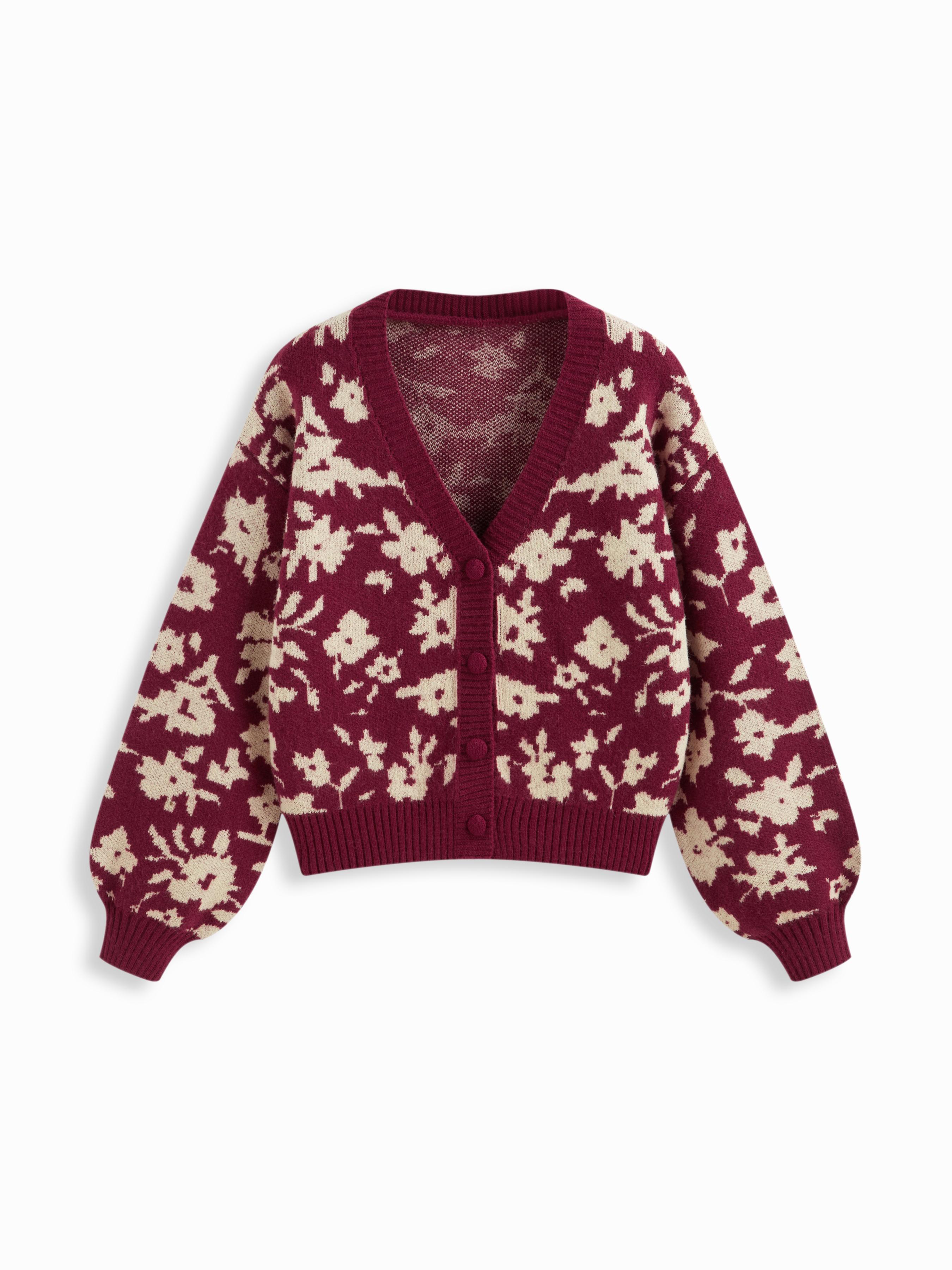 Knit Floral V-neck Long Sleeve Button Cardigan by CIDER