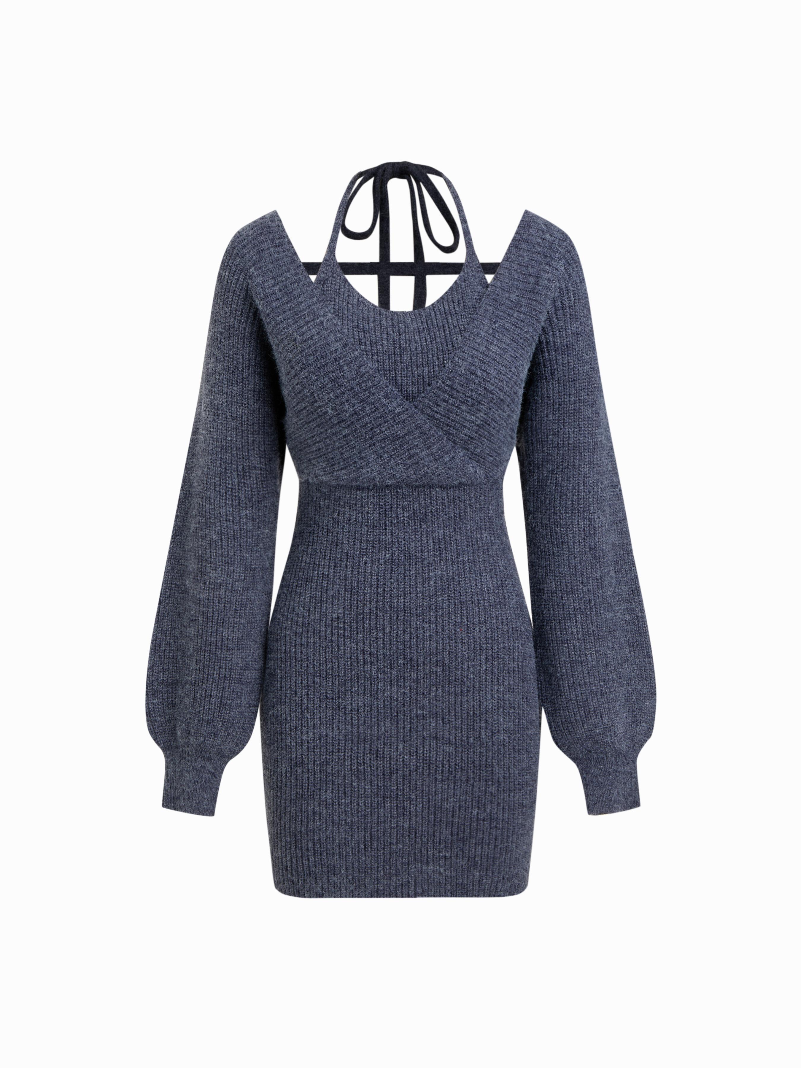 Knit Halter Neckline Lantern Sleeve Cut Out	 Dress by CIDER