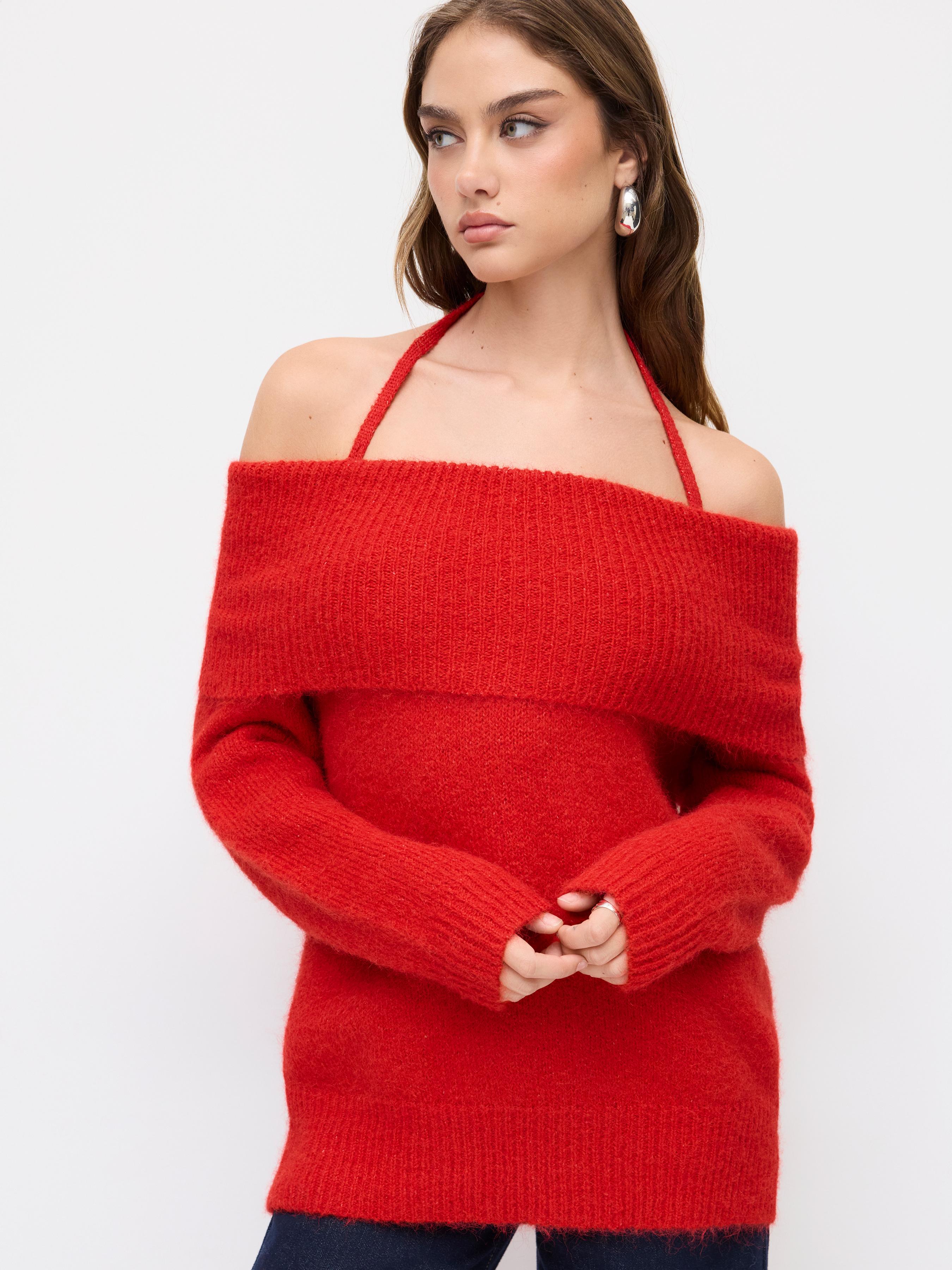 Knit Halter Neckline Long Sleeve Oversized Top by CIDER