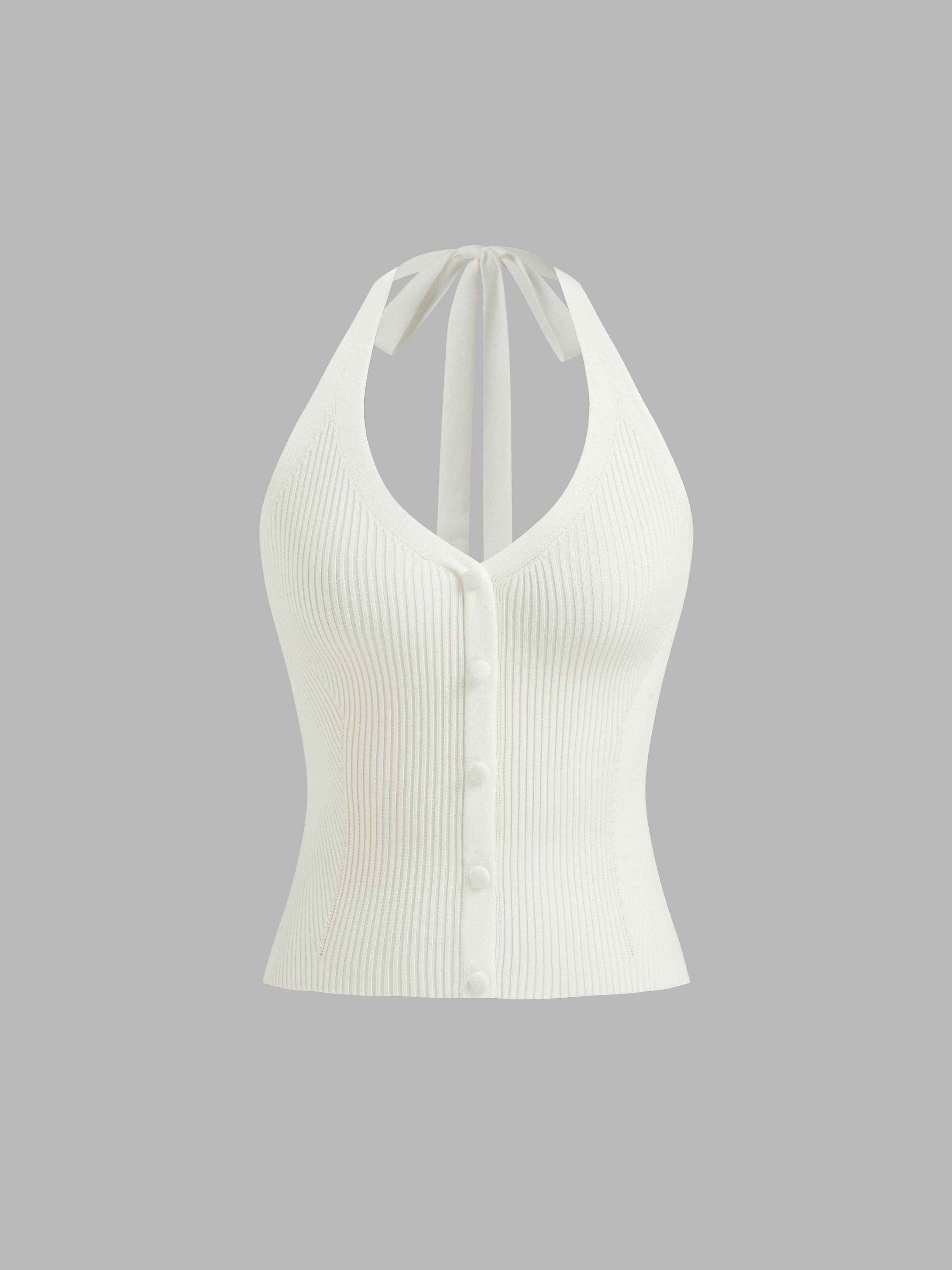 Knit Halter Neckline Rib Button Crop Top by CIDER