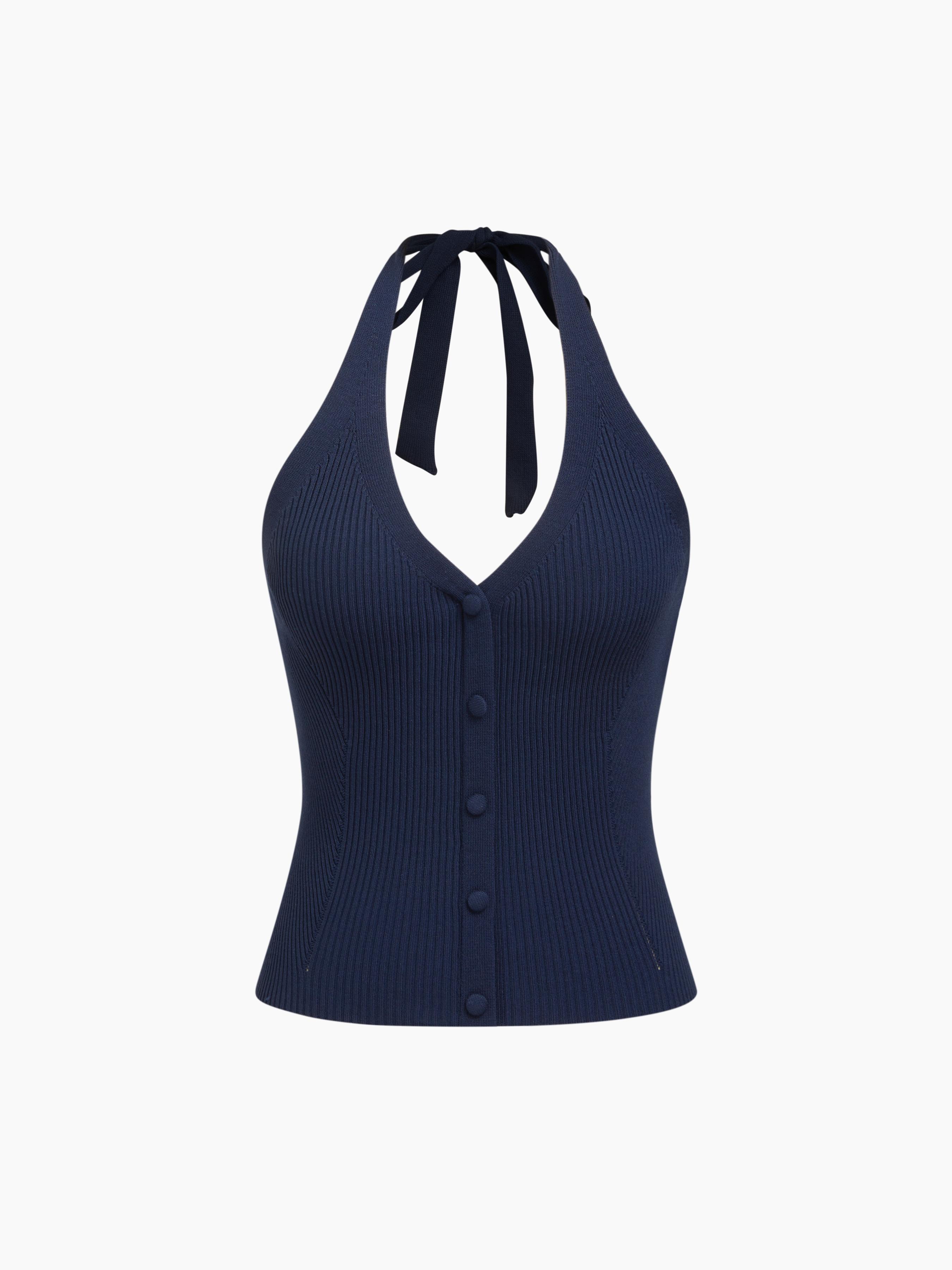 Knit Halter Neckline Rib Button Crop Top by CIDER