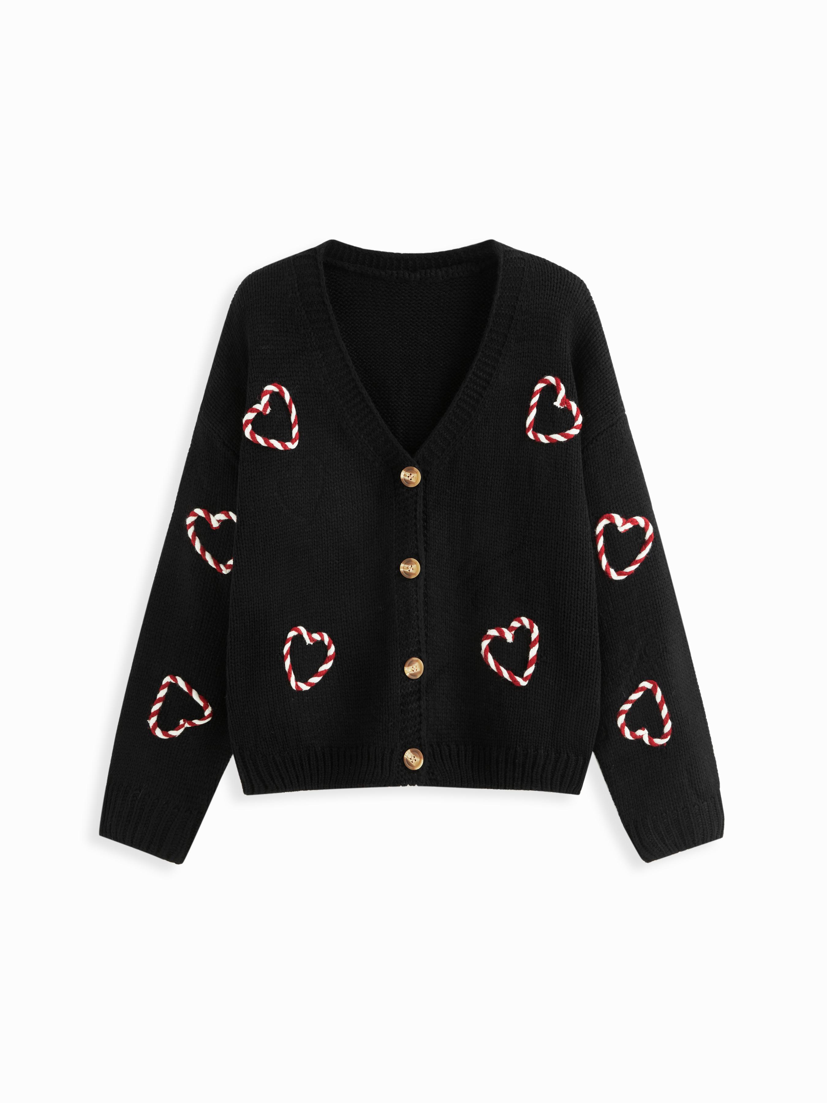Knit Heart Graphic V-neck Button Oversized Cardigan Curve & Plus by CIDER