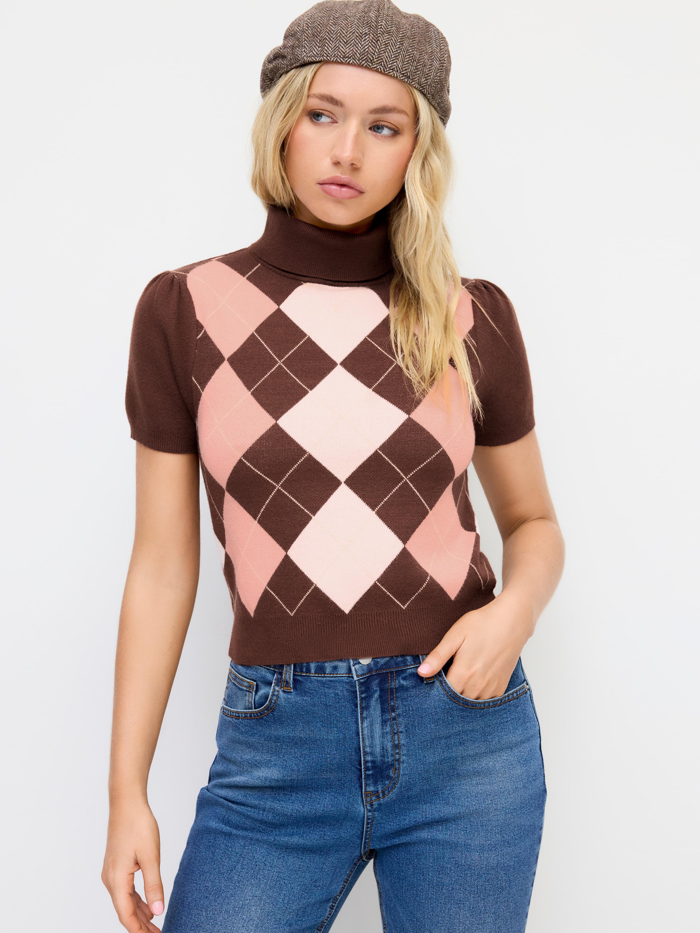 Knit High Neck Argyle Pattern Short Sleeve Sweater by CIDER