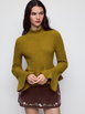 Knit High Neck Bell Sleeve Lettuce Trim Ruffled Peplum Hem Sweater by CIDER