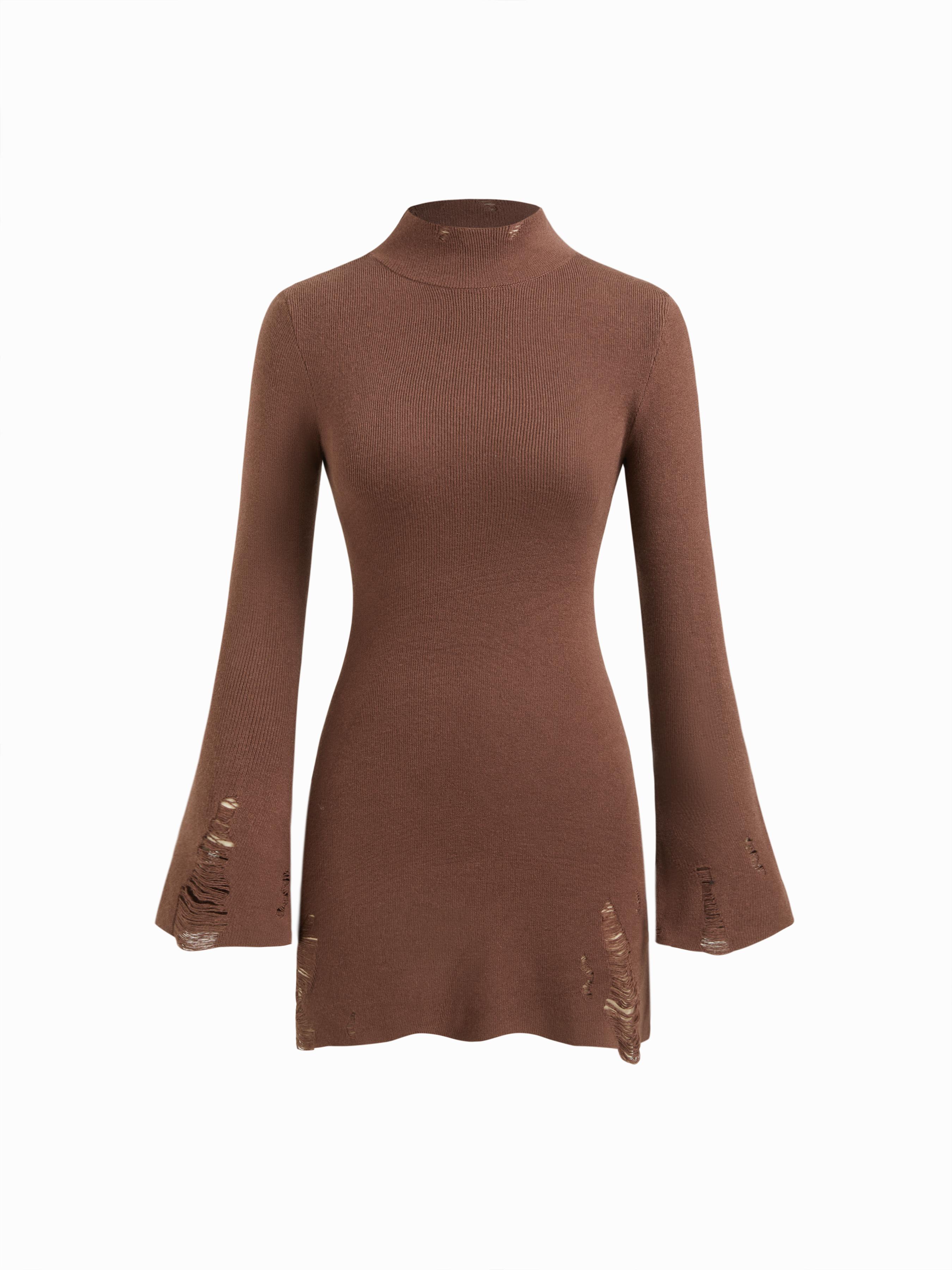 Knit High Neck Bell Sleeve Ripped Mini Dress by CIDER