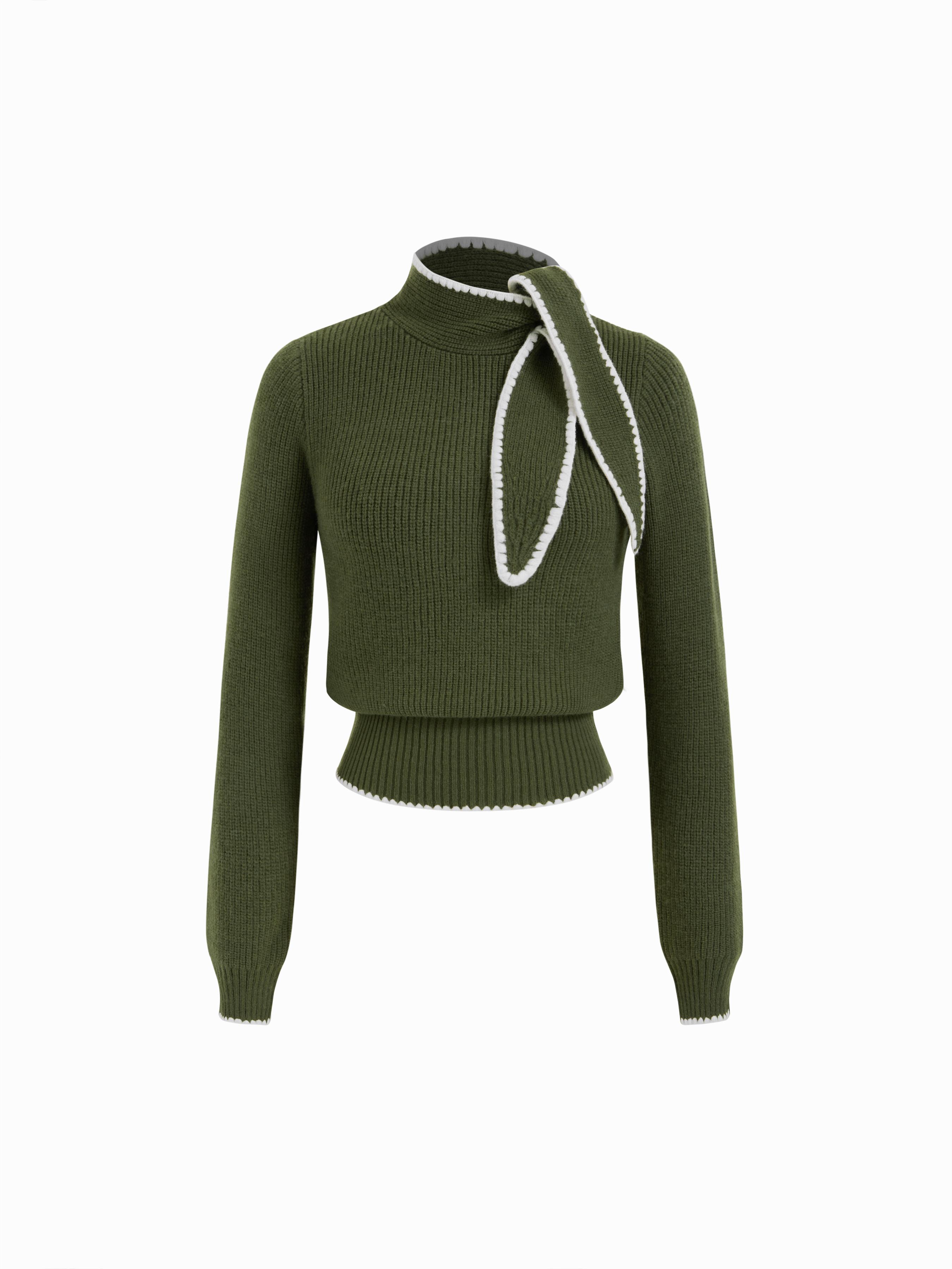 Knit High Neck Bowknot Contrasting Binding Top by CIDER