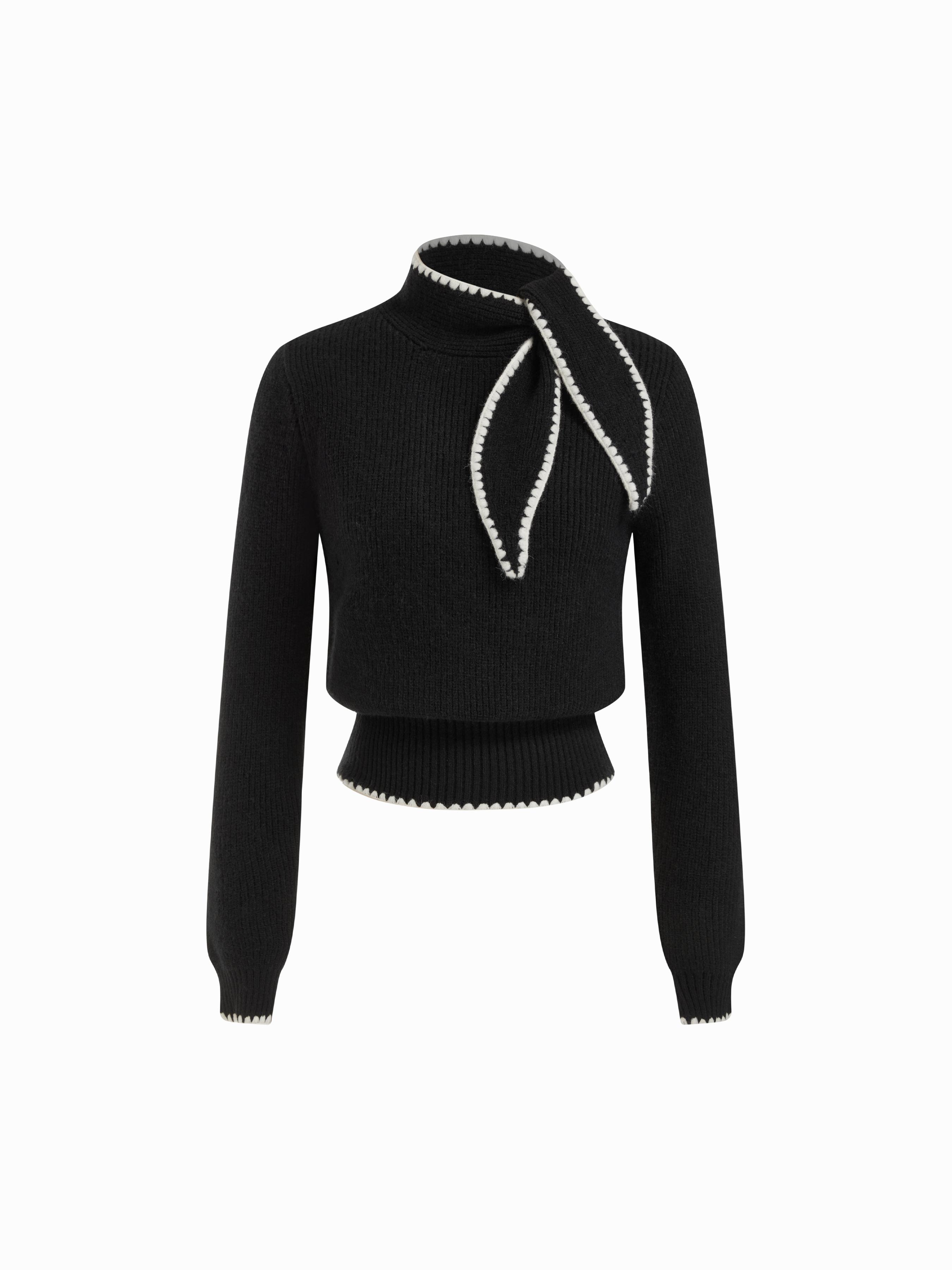 Knit High Neck Bowknot Contrasting Binding Top by CIDER