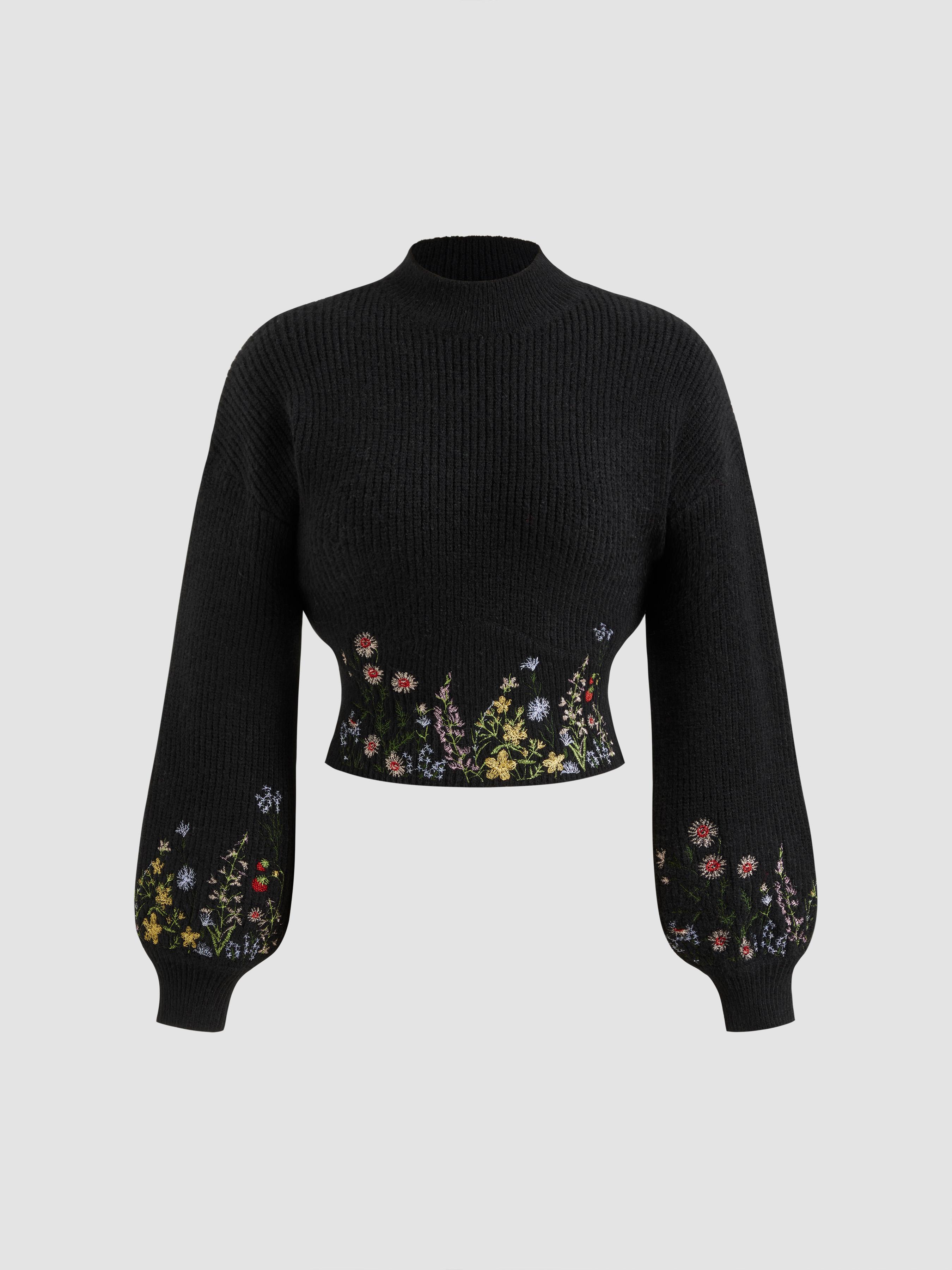 Knit High Neck Floral Embroidery Crop Top by CIDER