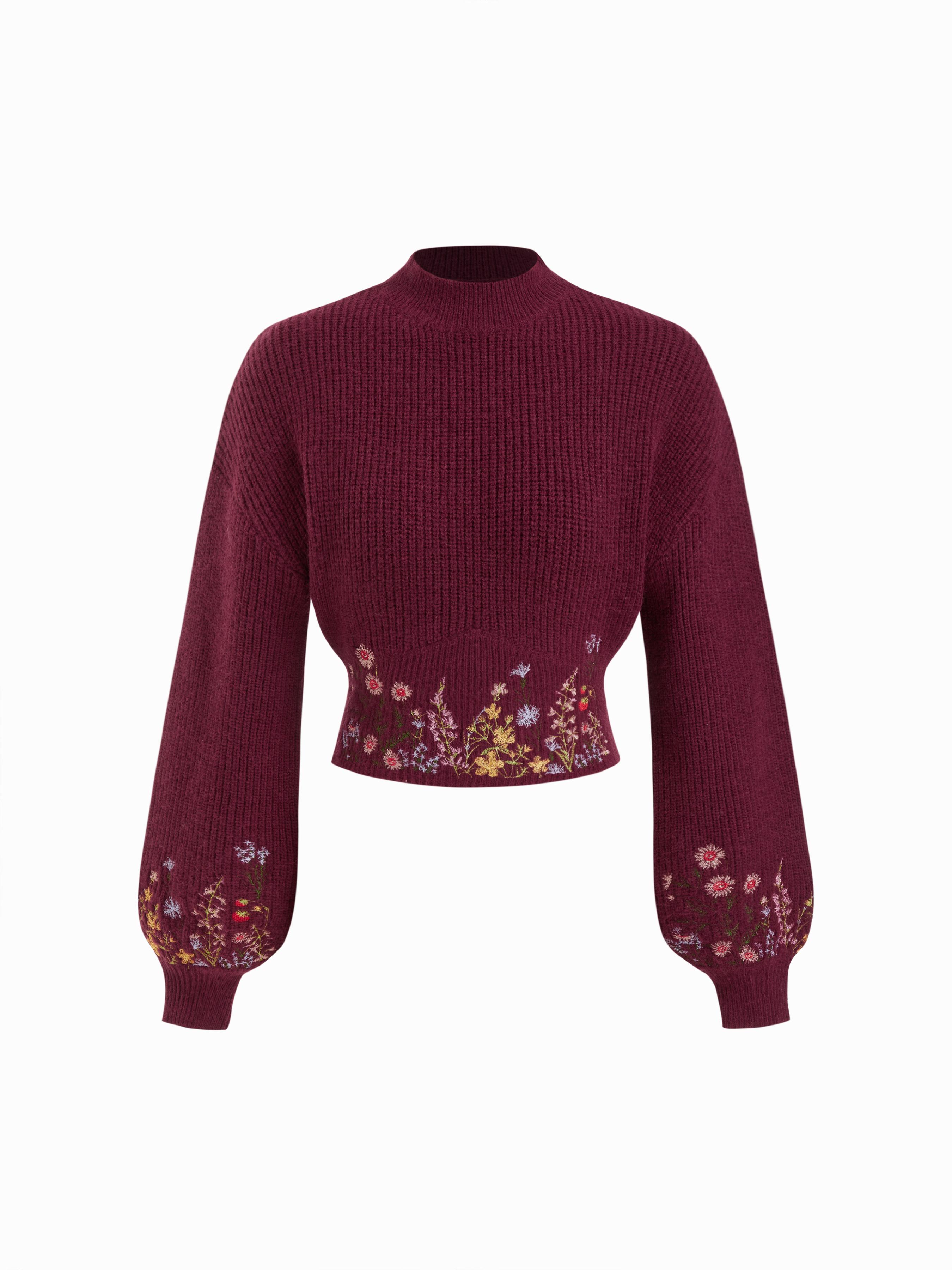 Knit High Neck Floral Embroidery Crop Top by CIDER