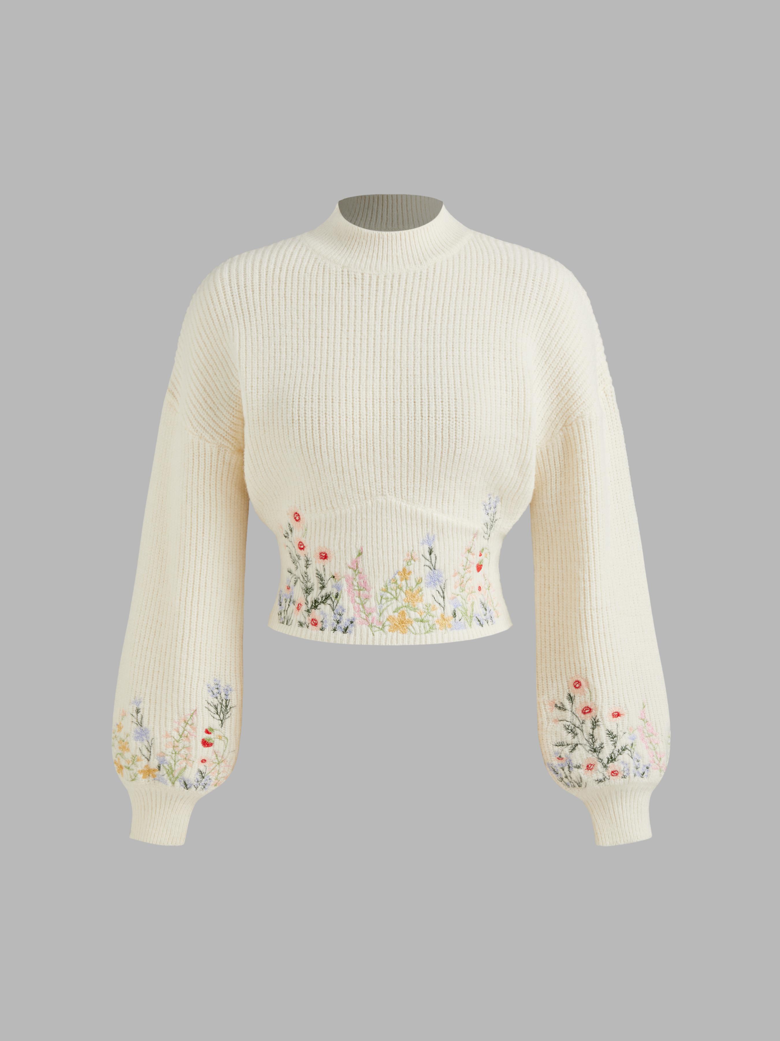 Knit High Neck Floral Embroidery Crop Top by CIDER