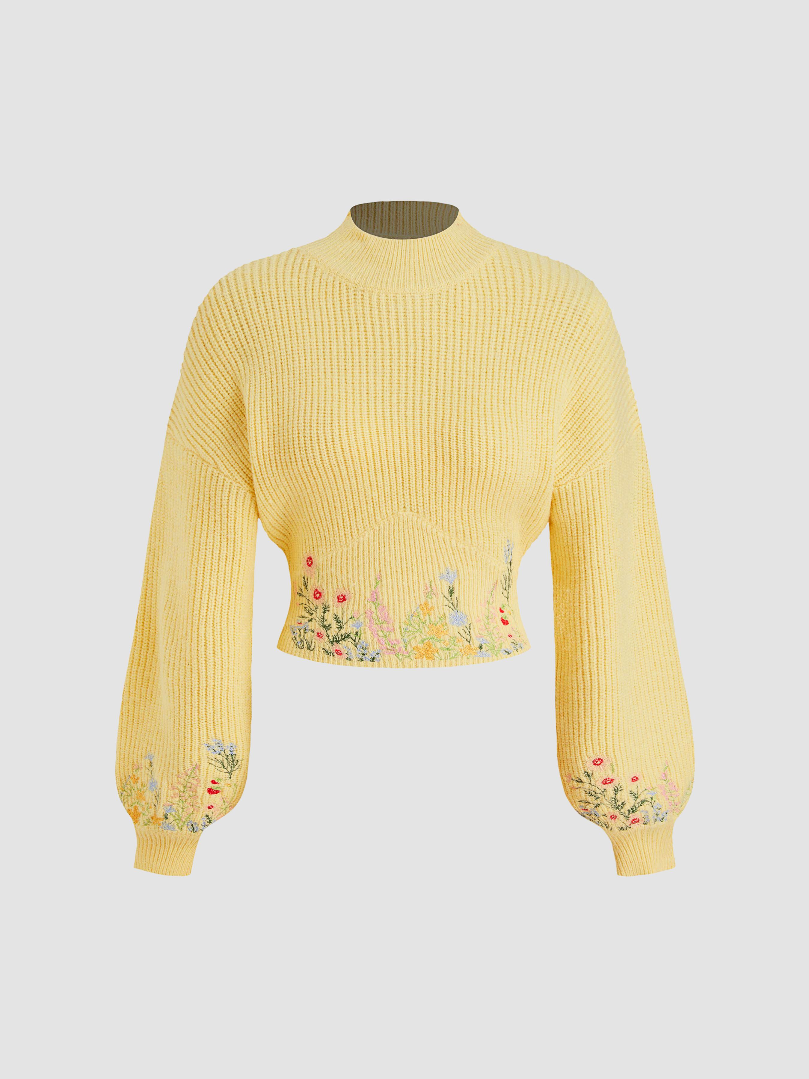 Knit High Neck Floral Embroidery Crop Top by CIDER