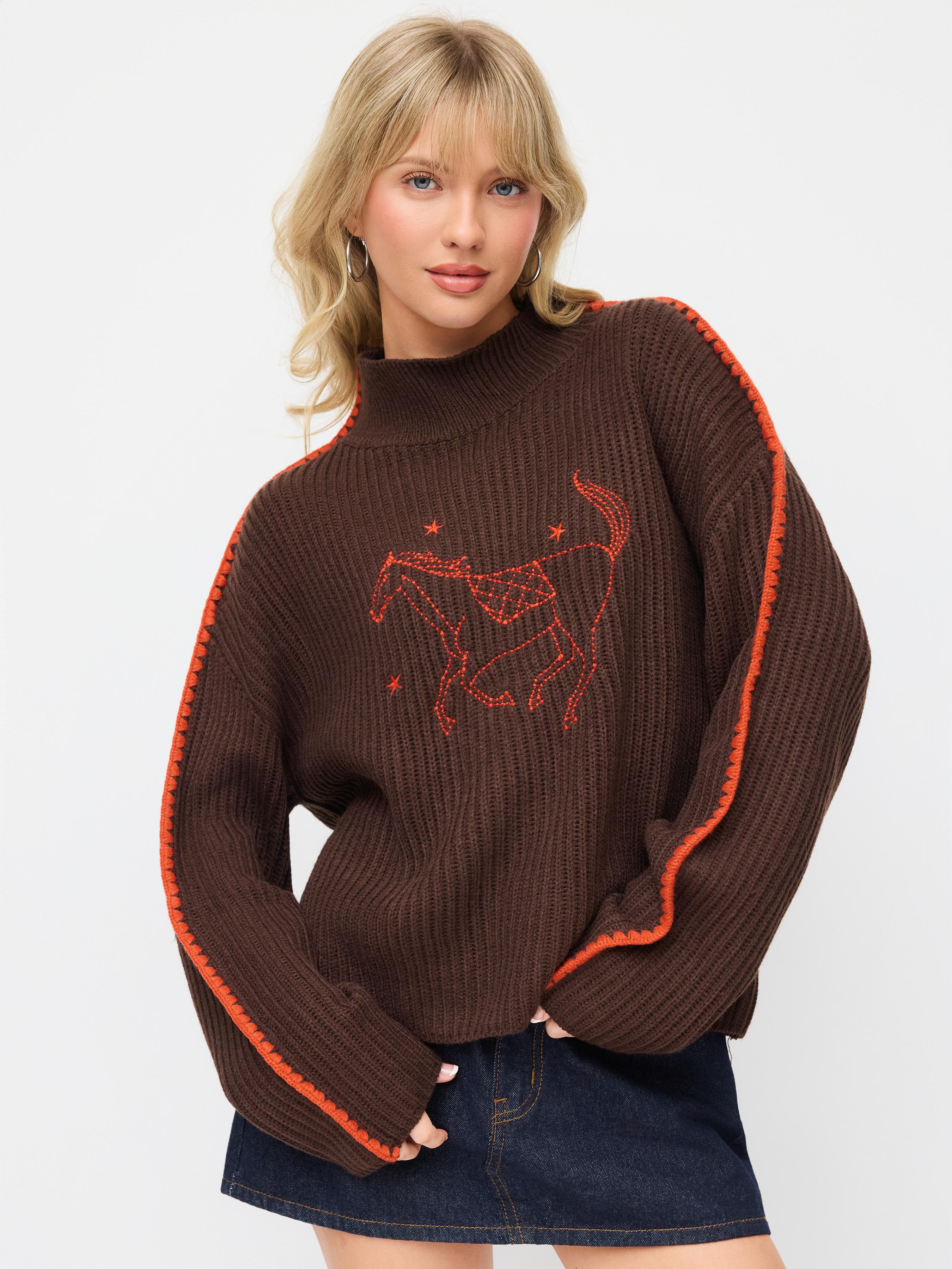Knit High Neck Horse Embroidery Stitch Oversized Sweater by CIDER